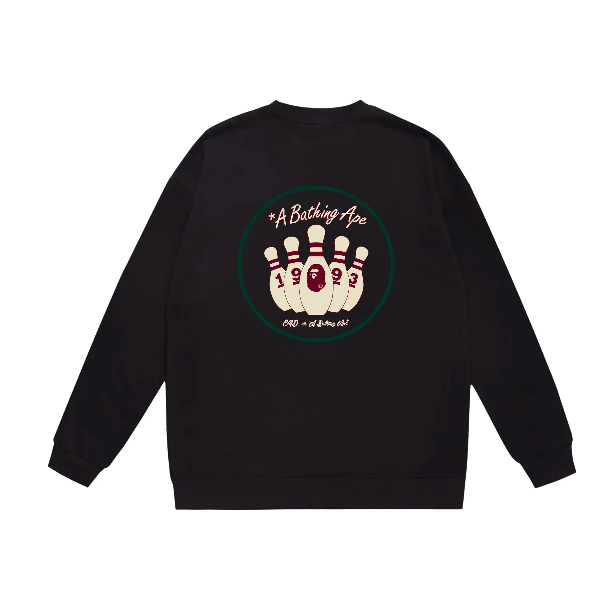 P170 model number SC565# terry 80 plus velvet 85 (top version) BAPE×END co-branded alphanumeric bowling print round neck sweatshirt Made of 350g large terry (drop shoulder large version) fabric, soft texture and no pilling Imported environmentally friendly printing glue The pattern is bright and three-dimensional Quality 💥Same style for men and women The upper body is trendy Color: black white gray Size: S M L XL XXL