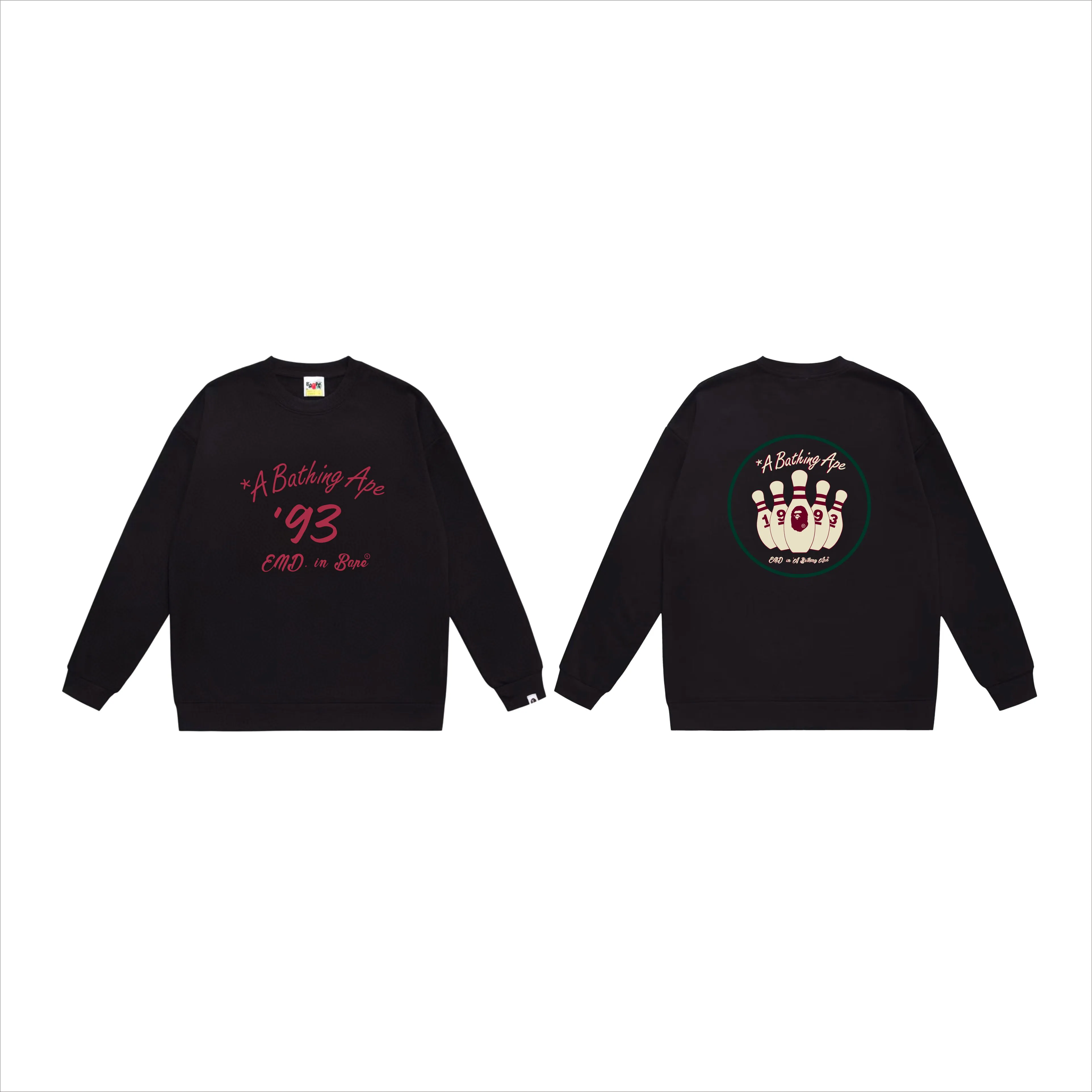 P170 model number SC565# terry 80 plus velvet 85 (top version) BAPE×END co-branded alphanumeric bowling print round neck sweatshirt Made of 350g large terry (drop shoulder large version) fabric, soft texture and no pilling Imported environmentally friendly printing glue The pattern is bright and three-dimensional Quality 💥Same style for men and women The upper body is trendy Color: black white gray Size: S M L XL XXL