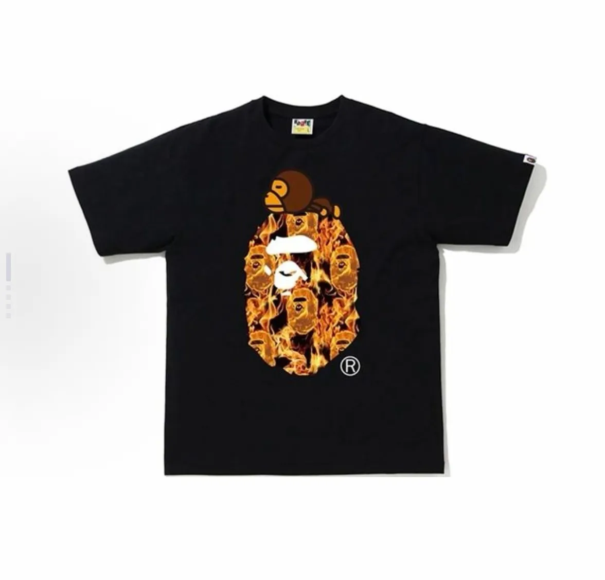 P110 001046 BAPE Flame Milo On Big Ape Tee Flame Milo Ape Man short-sleeved T-shirt, same style for men and women, size smlxlxxl, black and blue, white and blue, black and yellow, white and yellow