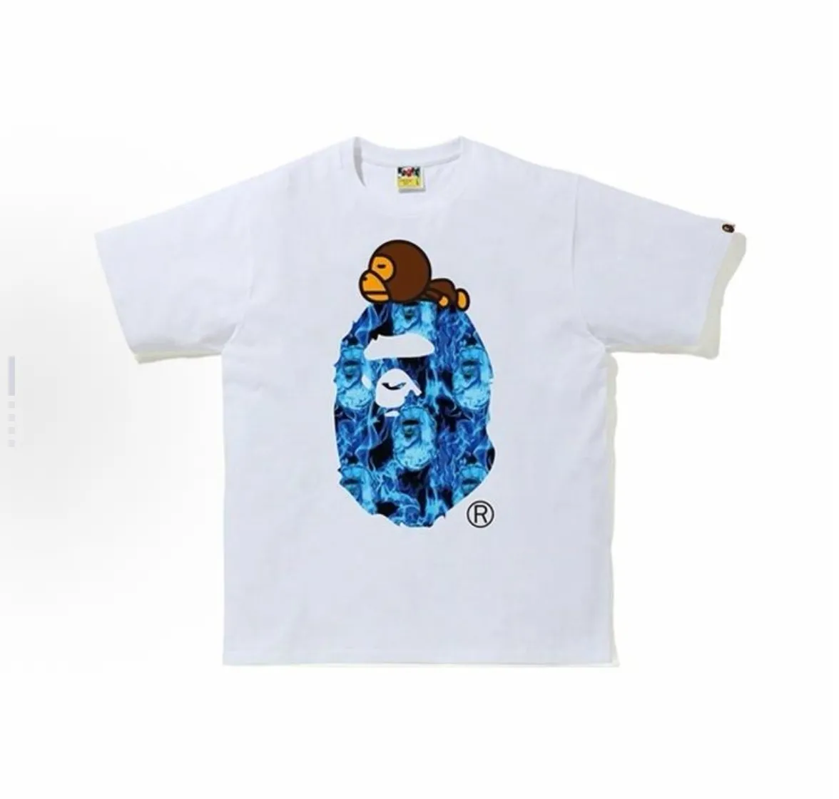 P110 001046 BAPE Flame Milo On Big Ape Tee Flame Milo Ape Man short-sleeved T-shirt, same style for men and women, size smlxlxxl, black and blue, white and blue, black and yellow, white and yellow
