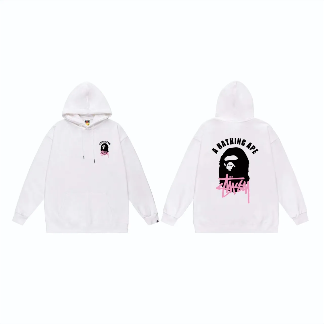 P160 model number SC807# terry 80 plus velvet 90 (top version) BAPE×STUSSY co-branded Stussy letter printed hooded sweatshirt Made of 380g large terry (drop shoulder large version) fabric, soft texture and no pilling Imported environmentally friendly printing glue The pattern is bright and three-dimensional Quality 💥Same style for men and women The upper body is trendy Color: black white gray Size: S M L XL XXL