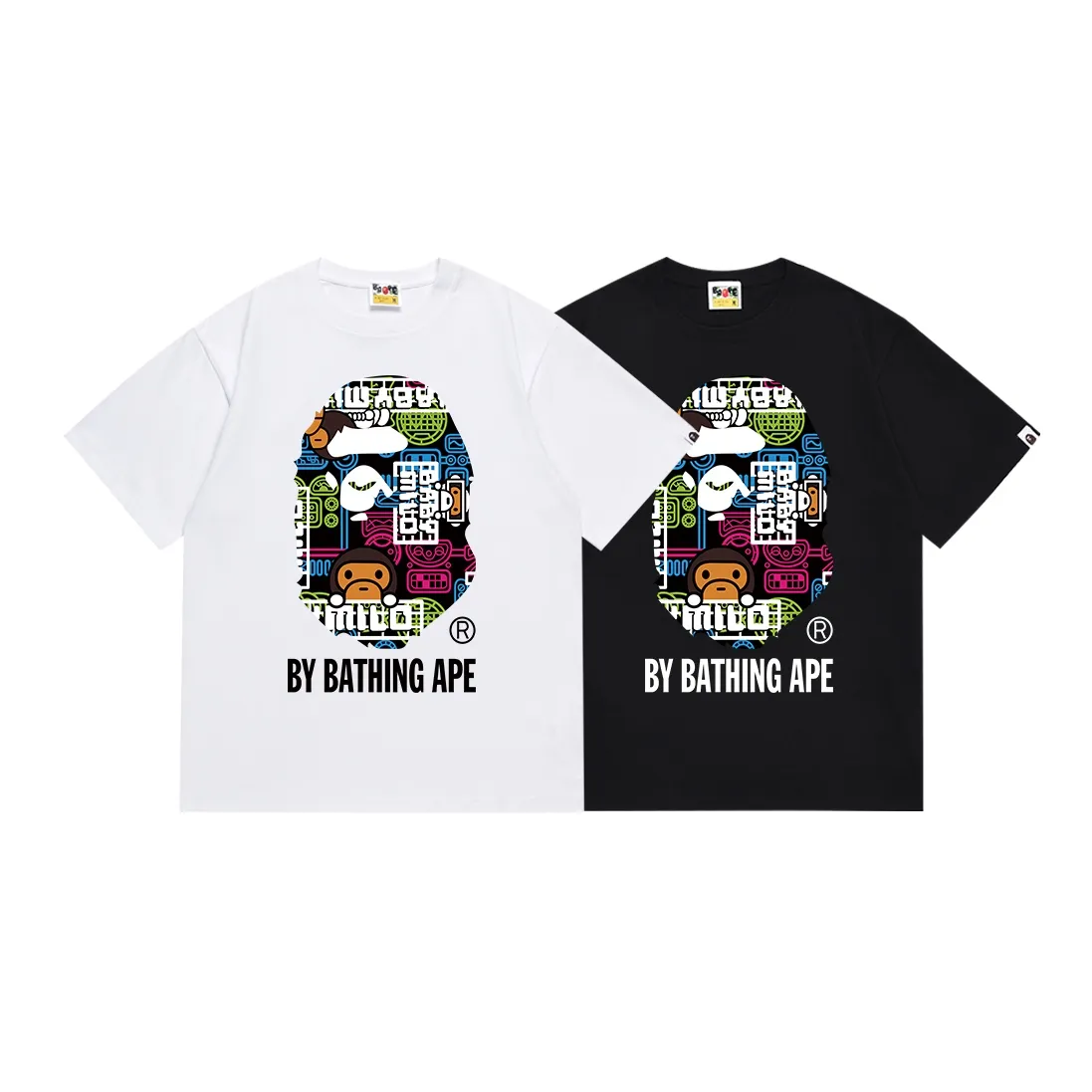 SC157#p110💰 (Top version) BAPE ape head cartoon pattern printed short-sleeved T-shirt Made of 260 grams of high-quality high-weave pure cotton fabric, double yarn combed, soft texture and no pilling Imported environmentally friendly printing glue, bright and three-dimensional pattern, quality 💥Same style for men and women, the upper body is fashionable Color: black white Size: S M L XL XXL