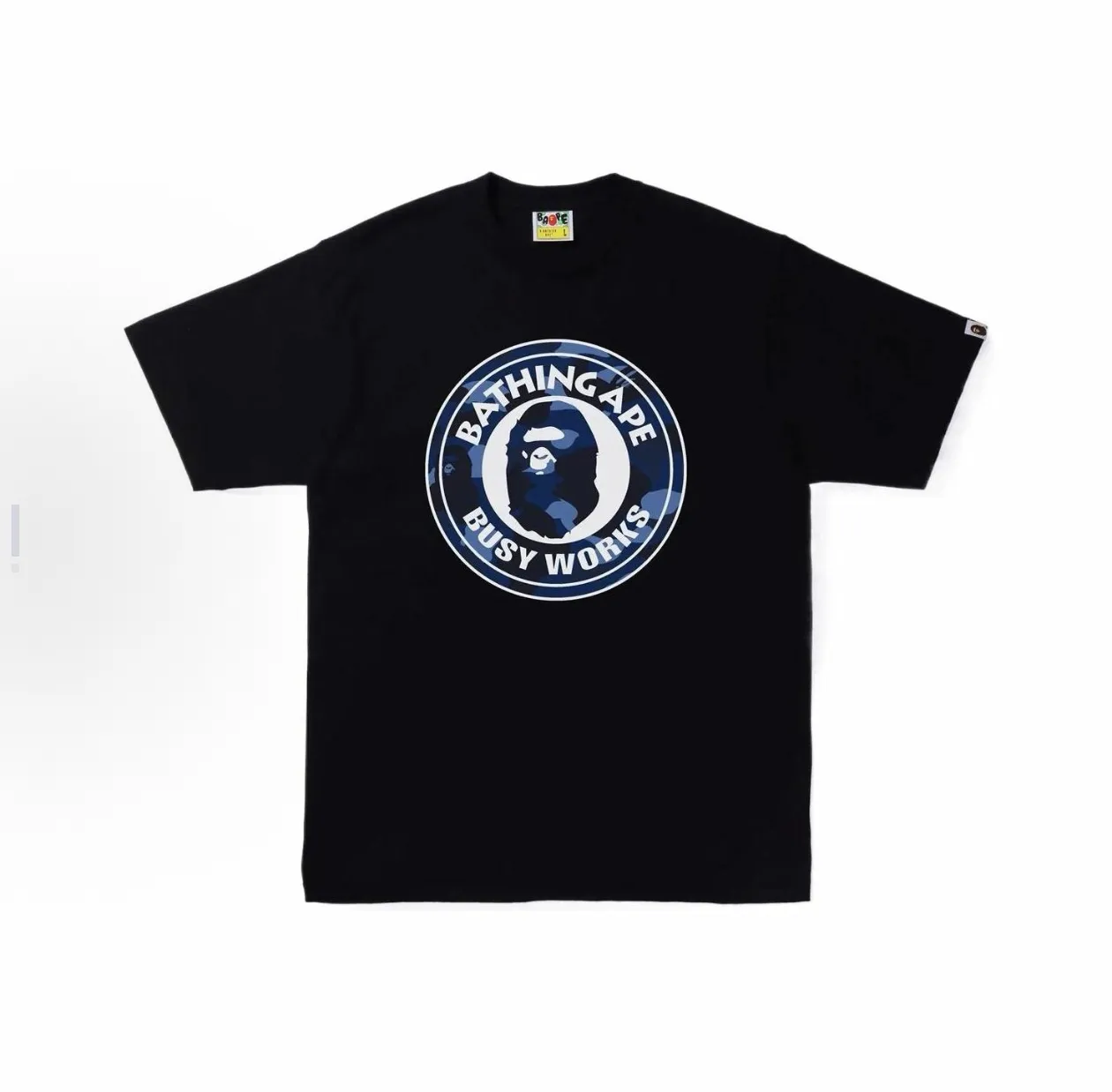 P110 001209 BAPE Color Camo Busy Works Tee camouflage logo ape print short-sleeved T-shirt, same style for men and women, size smlxlxxl, black and blue, white and blue