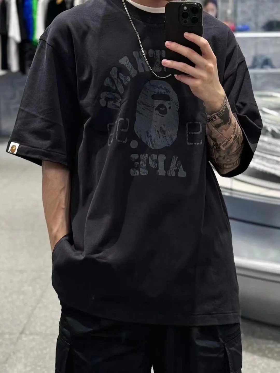 💰140 BAPE ape head letter 1993 digital printed short-sleeved T-shirt 280g weight linen cotton fabric ZP version couple style: S-XXL [charcoal gray white]