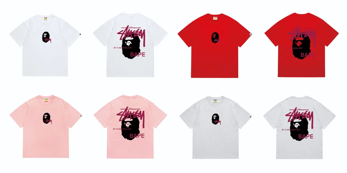 SC210#p110💰 (top version) BAPE×Stussy co-branded Stussy letter ape print T-shirt Made of 260 grams of high-quality high-weave pure cotton fabric, double yarn combed, soft texture and no pilling Imported environmentally friendly printing glue, bright and three-dimensional pattern, quality 💥Same style for men and women, the upper body is fashionable Color: black and yellow print, white and yellow print, gray and yellow print, pink and yellow print, red and yellow print, white and black print, pink and black print Red and black printing Gray and black printing White and purple printing Pink and purple printing Red and purple printing Gray and purple printing Size: S M L XL XXL