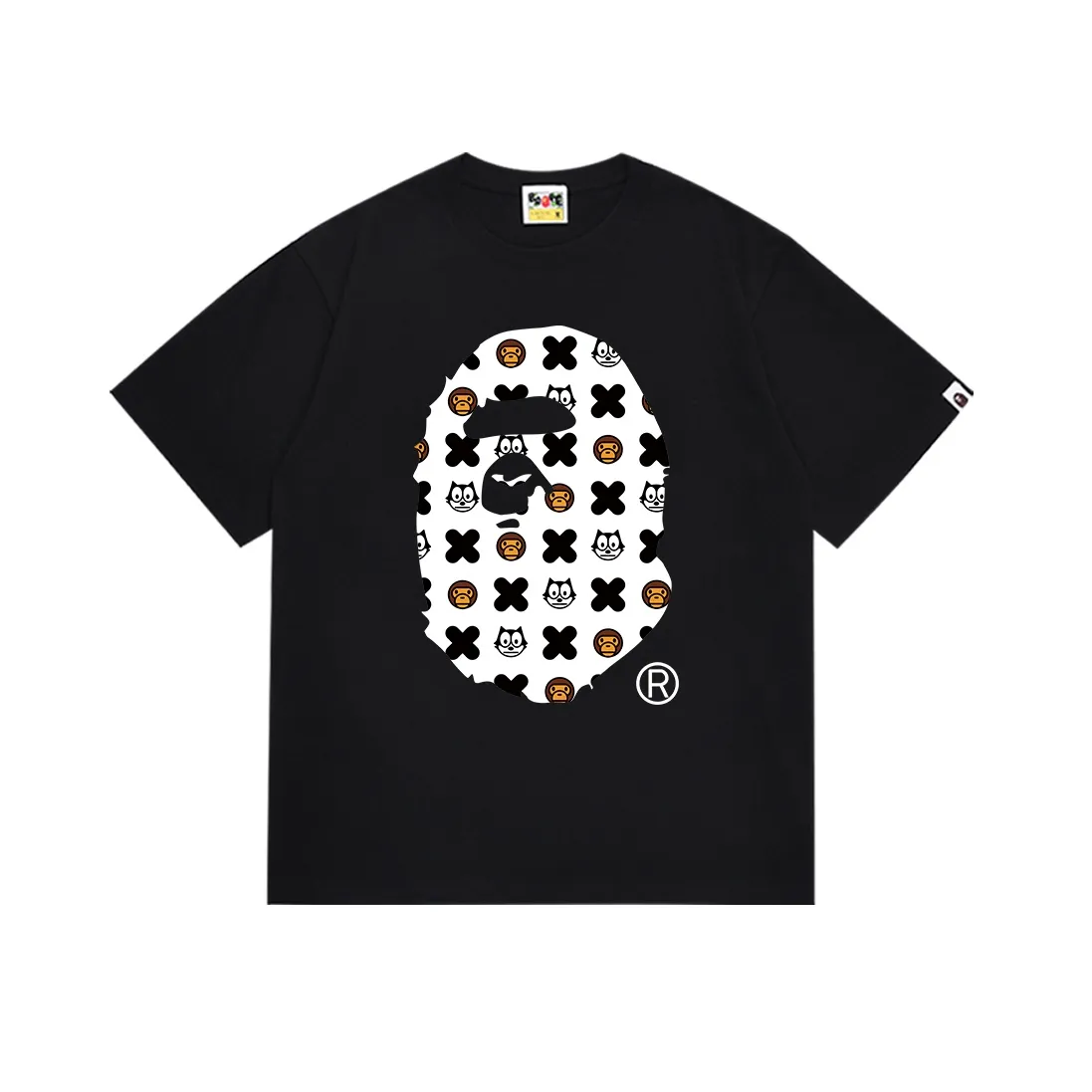SC156#p110💰 (top version) BAPE ape head cartoon pattern printed short-sleeved T-shirt Made of 260 grams of high-quality high-weave pure cotton fabric, double yarn combed, soft texture and no pilling Imported environmentally friendly printing glue, bright and three-dimensional pattern, quality 💥Same style for men and women, the upper body is fashionable Color: black white Size: S M L XL XXL