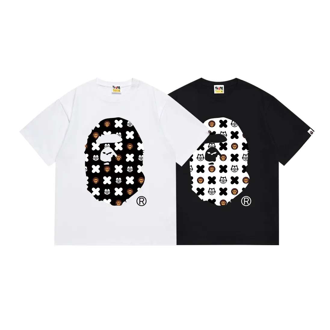 SC156#p110💰 (top version) BAPE ape head cartoon pattern printed short-sleeved T-shirt Made of 260 grams of high-quality high-weave pure cotton fabric, double yarn combed, soft texture and no pilling Imported environmentally friendly printing glue, bright and three-dimensional pattern, quality 💥Same style for men and women, the upper body is fashionable Color: black white Size: S M L XL XXL