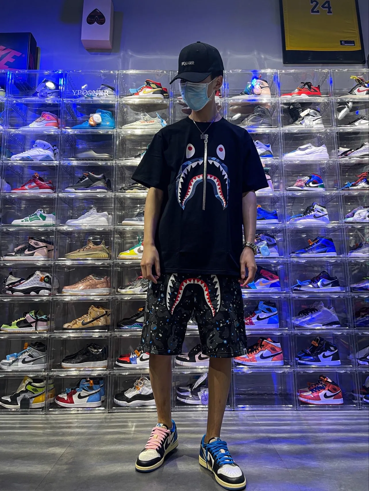 💰200 BAPE Space Camo Shark Short luminous starry sky camouflage shark shorts 380g pure cotton custom fabric ZP version Couple style: M—XXL [Black White]