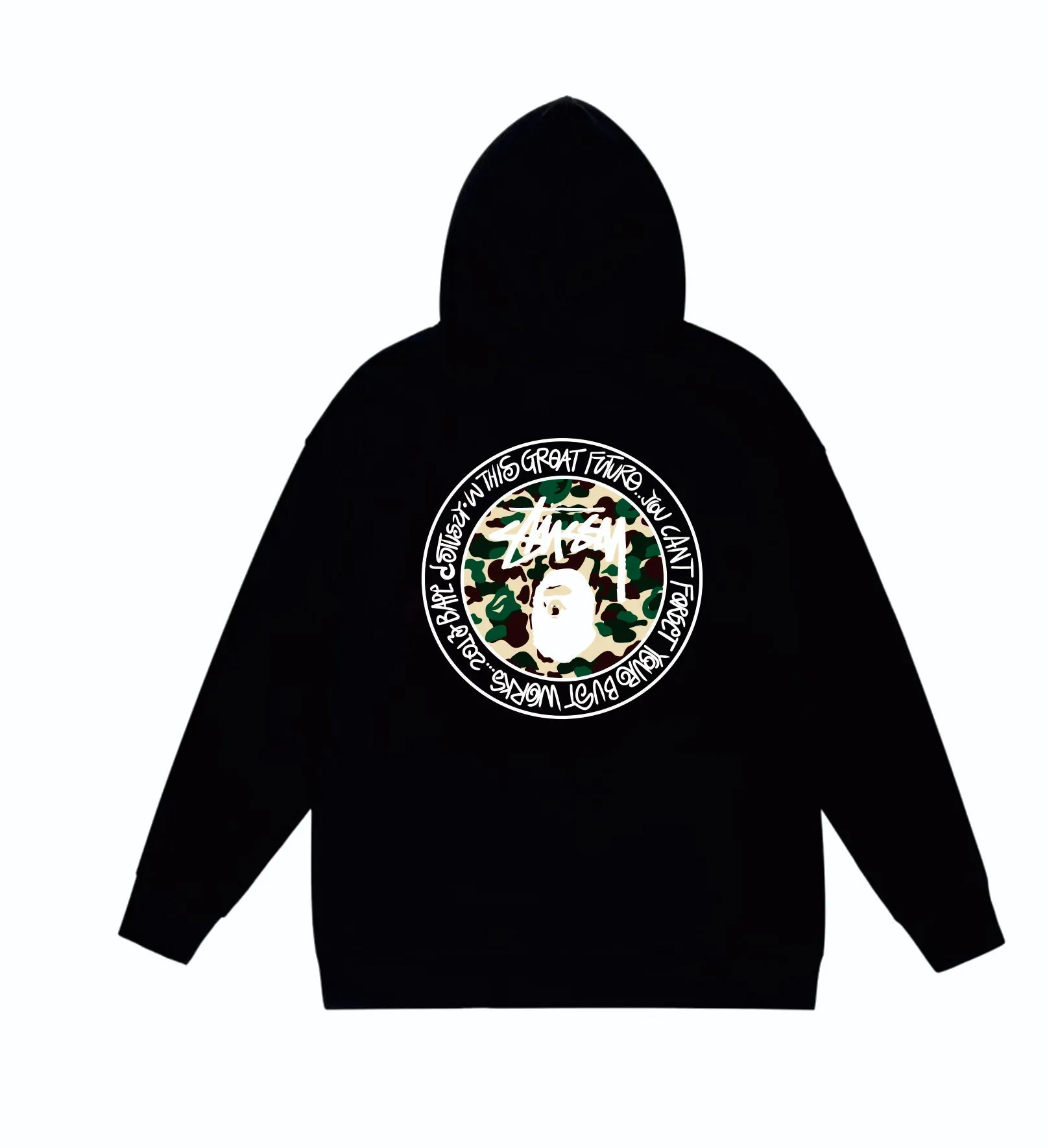 P160 model number SC819# terry 80 plus velvet 90 (top version) BAPE×STUSSY co-branded Stussy letter printed hooded sweatshirt Made of 380 grams of large terry (drop shoulder large version) fabric, soft texture and no pilling Imported environmentally friendly printing glue The pattern is bright and three-dimensional Quality 💥Same style for men and women The upper body is trendy Color: Black White Gray Size: S M L XL XXL