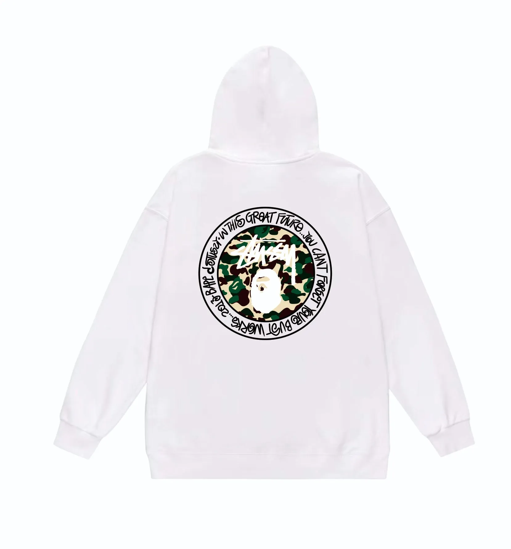P160 model number SC819# terry 80 plus velvet 90 (top version) BAPE×STUSSY co-branded Stussy letter printed hooded sweatshirt Made of 380 grams of large terry (drop shoulder large version) fabric, soft texture and no pilling Imported environmentally friendly printing glue The pattern is bright and three-dimensional Quality 💥Same style for men and women The upper body is trendy Color: Black White Gray Size: S M L XL XXL