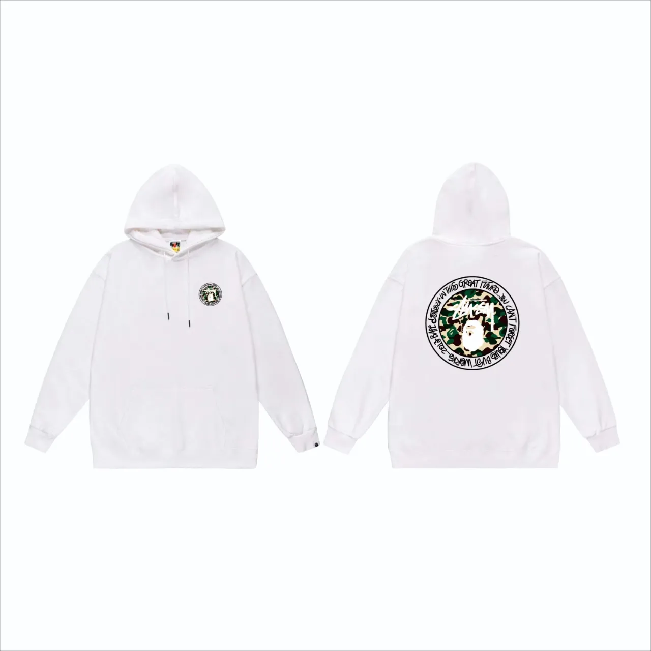 P160 model number SC819# terry 80 plus velvet 90 (top version) BAPE×STUSSY co-branded Stussy letter printed hooded sweatshirt Made of 380 grams of large terry (drop shoulder large version) fabric, soft texture and no pilling Imported environmentally friendly printing glue The pattern is bright and three-dimensional Quality 💥Same style for men and women The upper body is trendy Color: Black White Gray Size: S M L XL XXL