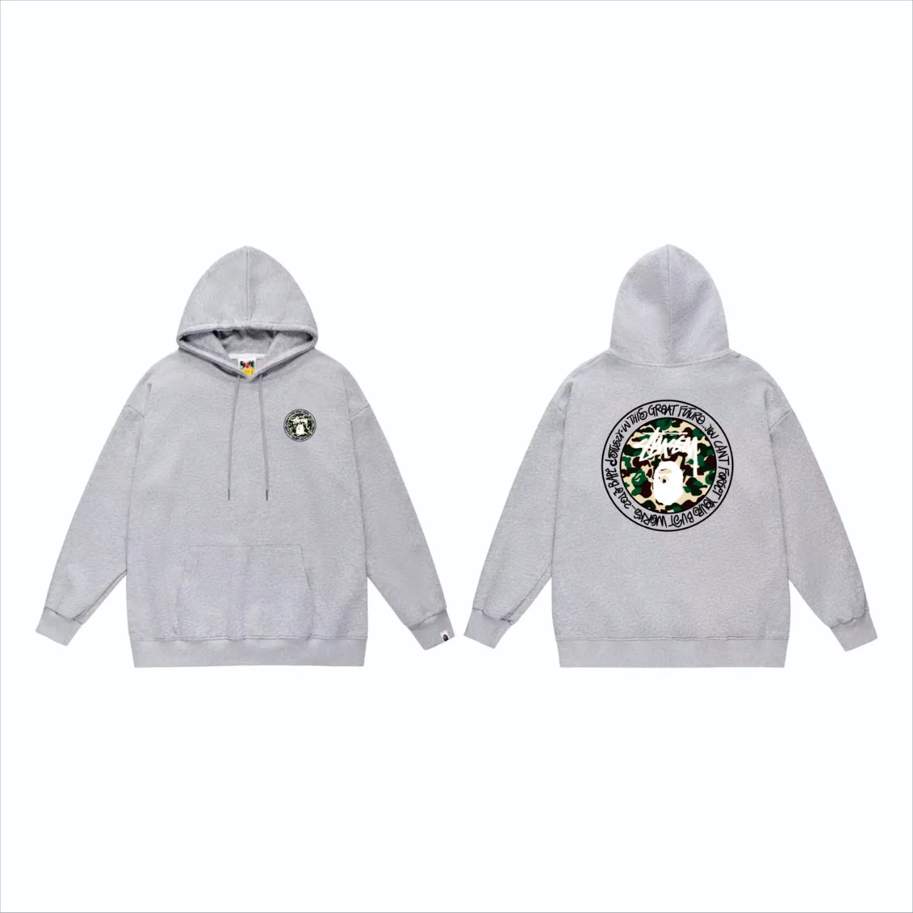 P160 model number SC819# terry 80 plus velvet 90 (top version) BAPE×STUSSY co-branded Stussy letter printed hooded sweatshirt Made of 380 grams of large terry (drop shoulder large version) fabric, soft texture and no pilling Imported environmentally friendly printing glue The pattern is bright and three-dimensional Quality 💥Same style for men and women The upper body is trendy Color: Black White Gray Size: S M L XL XXL