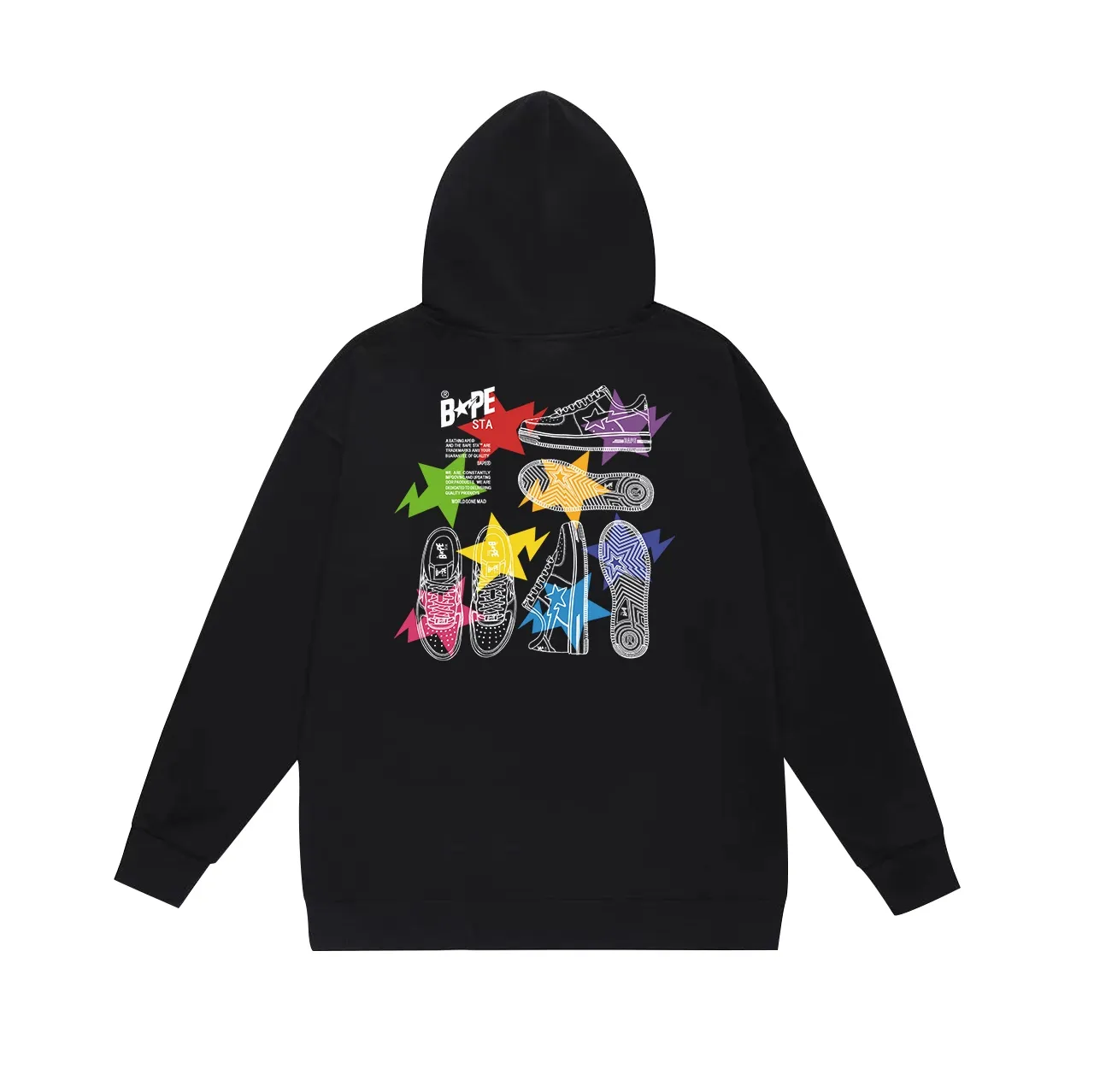 Model number SC644#terry p160 plus velvet p180💰 (top version) BAPE STA ILLUSTRATION printed hooded sweatshirt Made of 380g large terry 430g silver fox velvet (drop shoulder large version) fabric, soft and non-pilling, imported environmentally friendly printing glue, bright and three-dimensional pattern, quality💥same style for men and women, the upper body is trendy Color: black white gray Size: S M L XL XXL