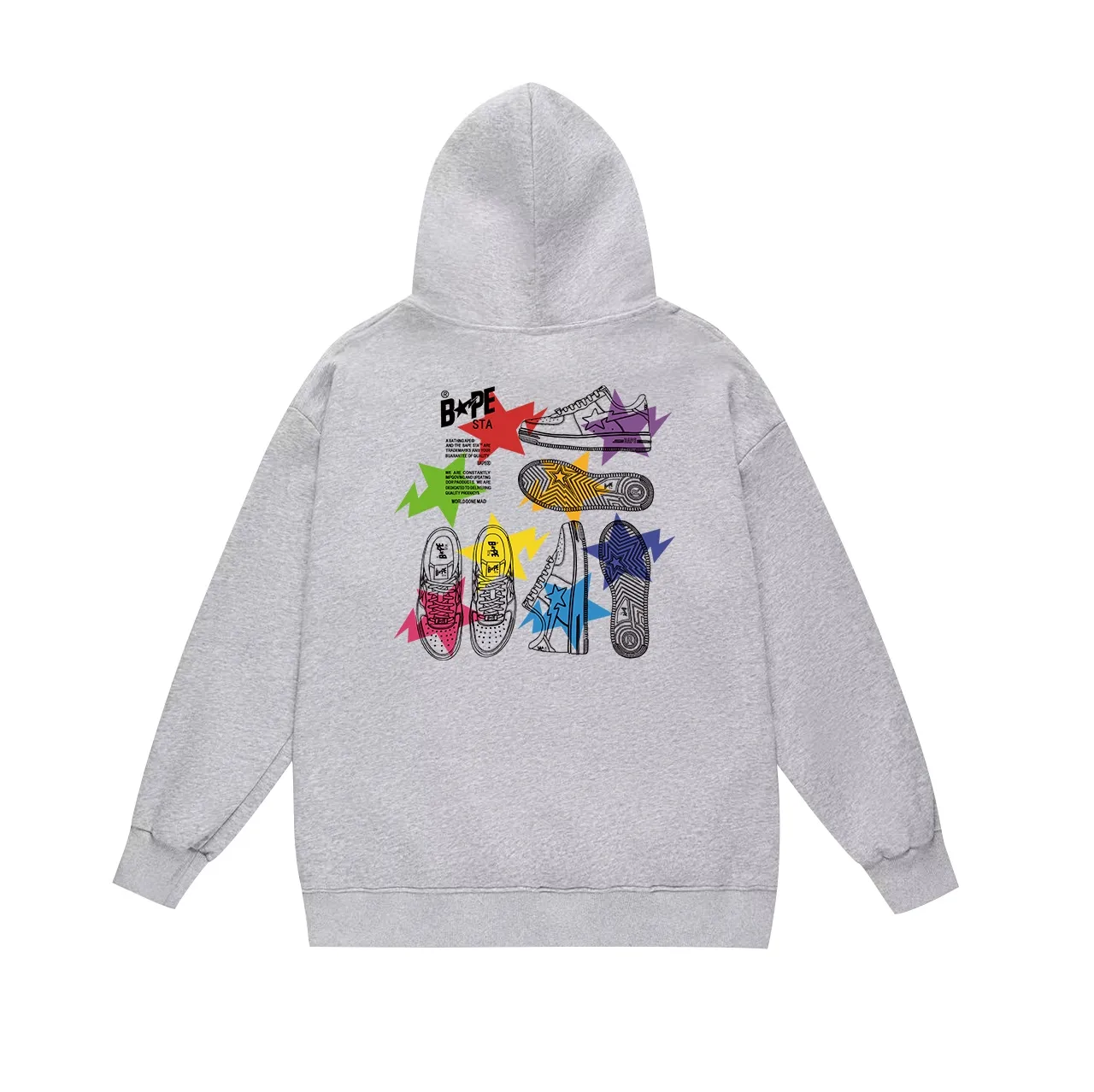 Model number SC644#terry p160 plus velvet p180💰 (top version) BAPE STA ILLUSTRATION printed hooded sweatshirt Made of 380g large terry 430g silver fox velvet (drop shoulder large version) fabric, soft and non-pilling, imported environmentally friendly printing glue, bright and three-dimensional pattern, quality💥same style for men and women, the upper body is trendy Color: black white gray Size: S M L XL XXL
