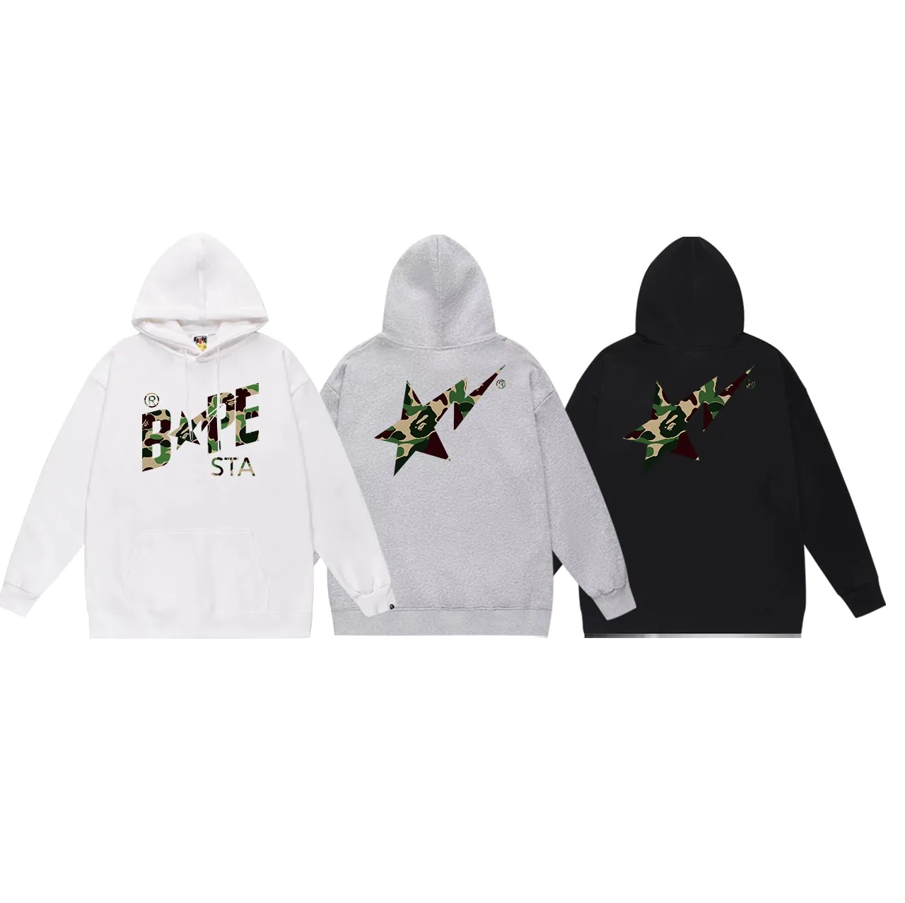 Model No. SC716# Terry p160 plus velvet 180💰 (top version) BAPE camouflage star letter printed hooded sweatshirt Made of 380g large terry (drop shoulder large version) fabric, soft texture and no pilling Imported environmentally friendly printing glue, bright and three-dimensional pattern, quality 💥Same style for men and women. The upper body is trendy. Color: black green, white green, gray green Size: S M L XL XXL