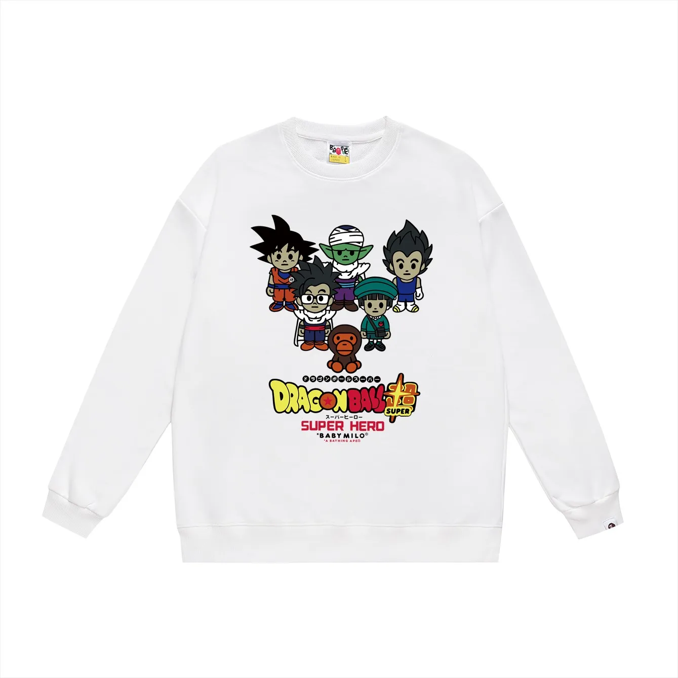 P150 model number SC485# terry 75 plus velvet 80 (top version) BAPE MILO × Dragon Ball Super SUPER HERO printed round neck sweatshirt Made of 350g large terry (drop shoulder large version) fabric, soft texture and no pilling Imported environmentally friendly printing glue The pattern is bright and three-dimensional Quality 💥Same style for men and women The upper body is trendy Color: black white gray Size: S M L XL XXL