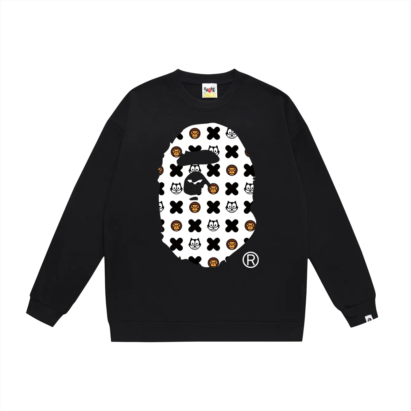 P150 model number SC456# terry 75 plus velvet 80 (top version) BAPE ape head cartoon pattern printed round neck sweatshirt. Made of 350 grams of large terry (drop shoulder large version) fabric. The texture is soft and non-pilling. Imported environmentally friendly printing glue. The pattern is bright and three-dimensional. Quality 💥Same style for men and women. The upper body is trendy. Color: black white gray Size: S M L XL XXL