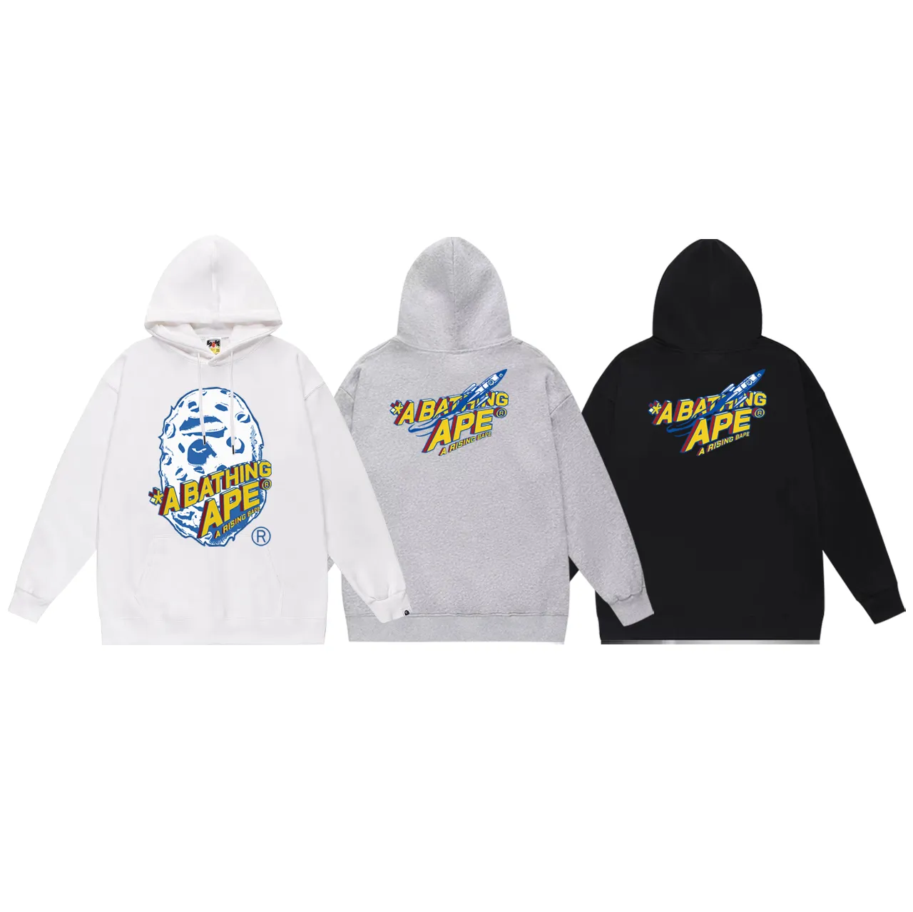 P160 model number SC784# terry 80 plus velvet 90 (top version) BAPE Moon Ape Head Rocket Letter Comic Style Printed Hooded Sweater Made of 380g large terry (drop shoulder large version) fabric, soft texture and non-pilling, imported environmentally friendly printing glue, bright and three-dimensional pattern, quality 💥Same style for men and women. The upper body is trendy. Color: Black White Gray Size: S M L XL XXL
