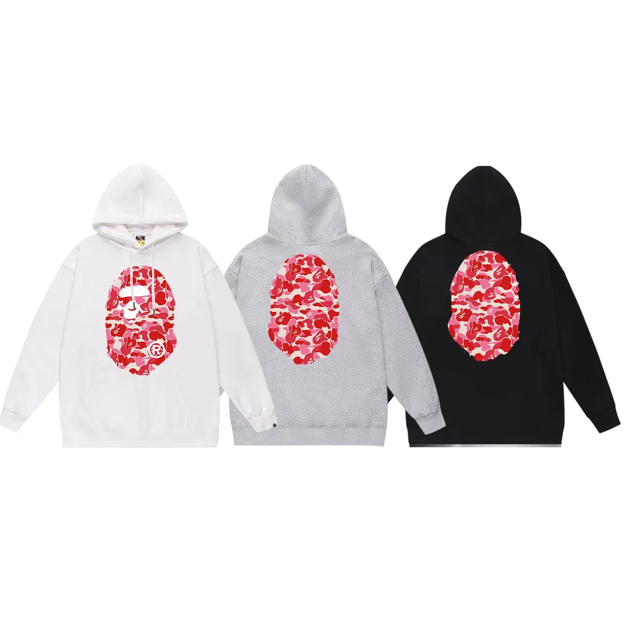 Model No. SC636# Terry p160 plus velvet p180💰 (top version) BAPE ABC pink camouflage ape-man LOGO double-sided printed hooded sweatshirt Made of 380g large terry 430g silver fox velvet (drop shoulder large version) fabric, soft texture and no pilling Imported environmentally friendly printing glue The pattern is bright and three-dimensional Quality 💥Same style for men and women The upper body is trendy Color: black white gray Size: S M L XL XXL