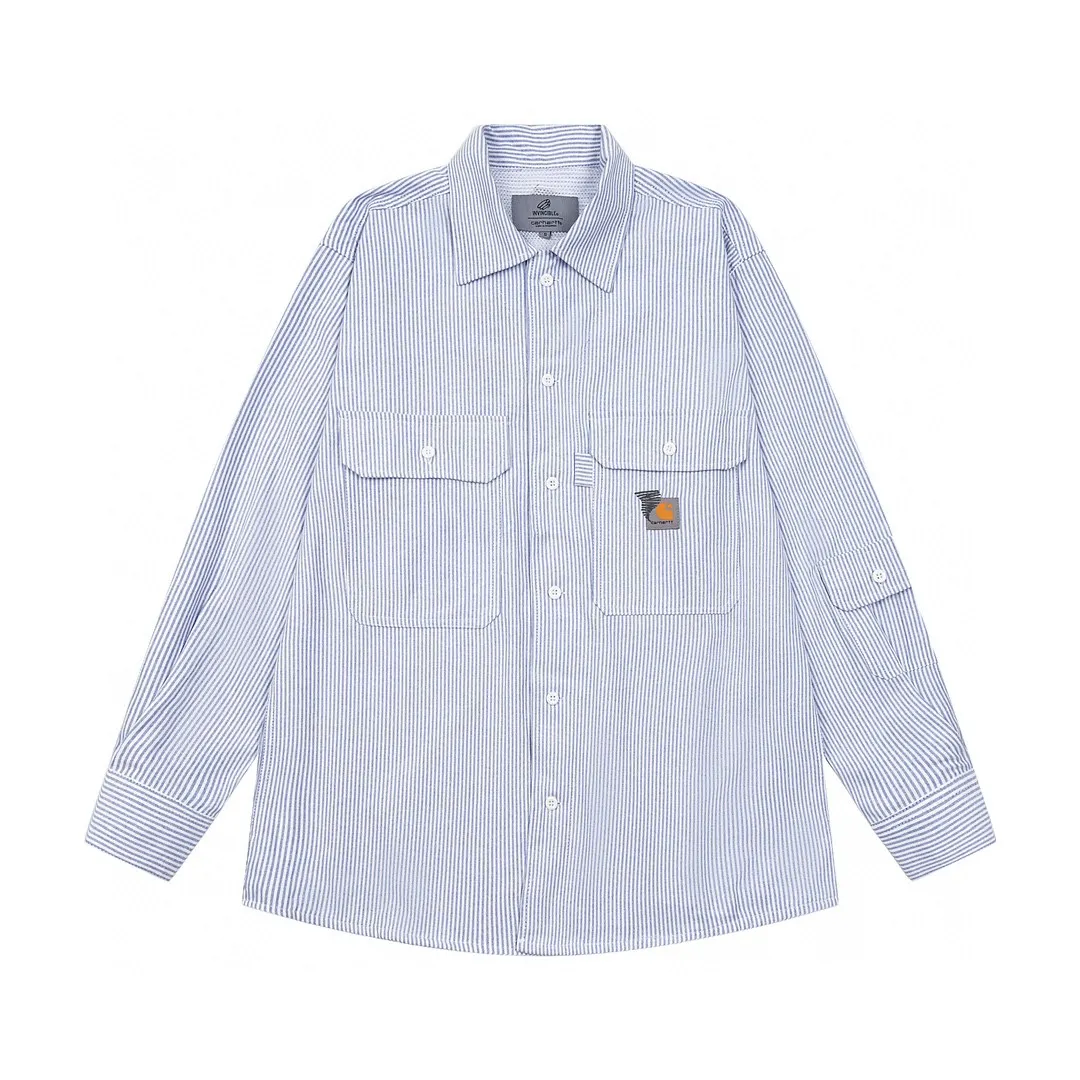 🅿️260 Carhart WIP ✖️ Invincible Carhart joint limited workwear striped shirt couple jacket 1️⃣ Made of thickened Oxford striped fabric, which is relatively thicker than ordinary shirt fabrics, and the workmanship details are perfectly controlled! The multi-pocket workwear design style can be worn perfectly with shirts and jackets! 2️⃣It is very youthful and energetic, and can be easily worn by both men and women. It is very in line with the fashion aesthetic concepts of today's young people! 3️⃣ A full set of customized accessories, complete with three standards, same style for men and women, a must-have for couples! Color: Striped Blue Sizes: S, M, L, XL