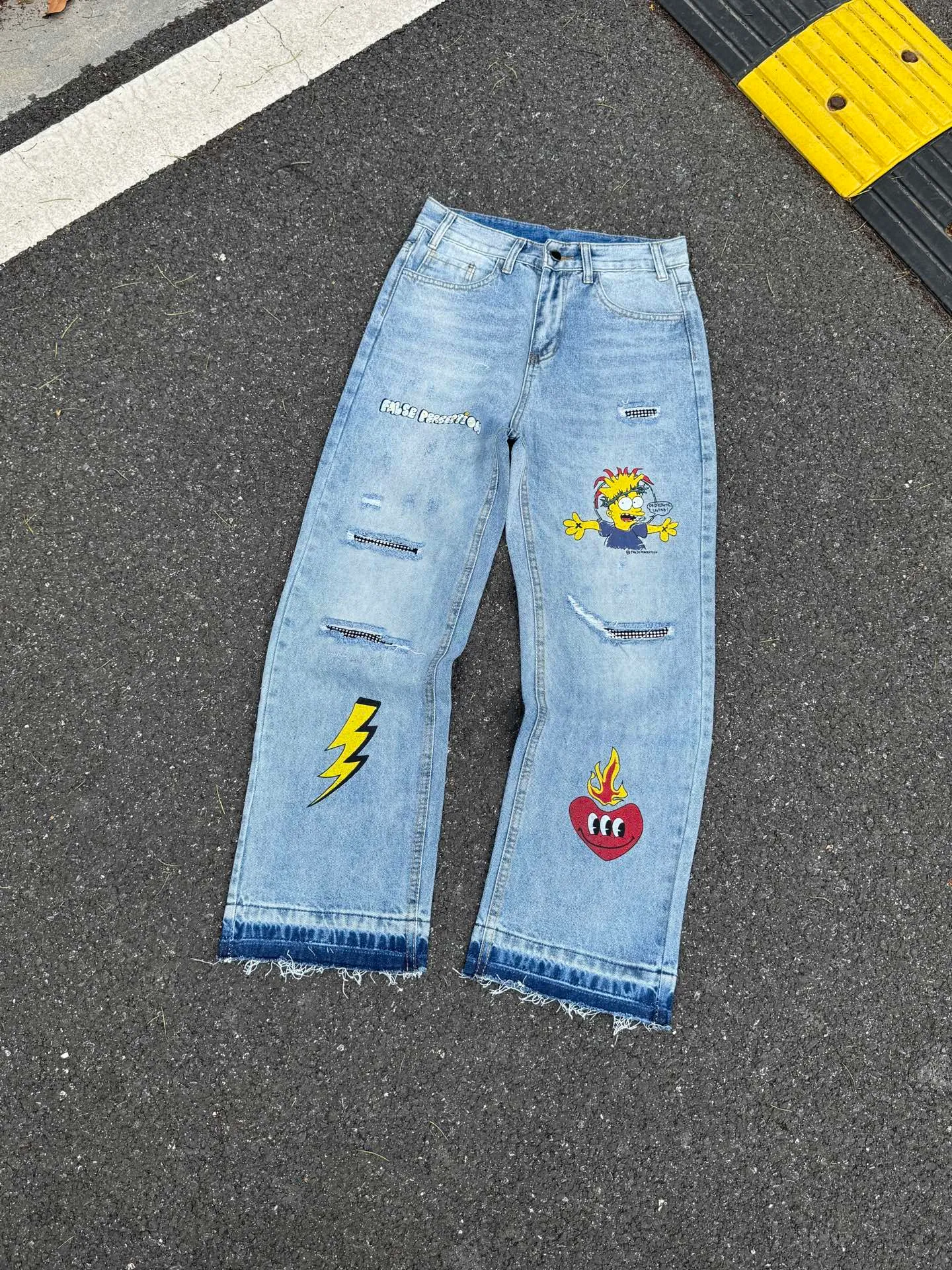 🅿️260 F124 False Perception Carhartt Cartoon Graffiti Worn and Destroyed Diamond Jeans Same Style for Men and Women Color: Blue Code Number: 28 30 32 34 36
