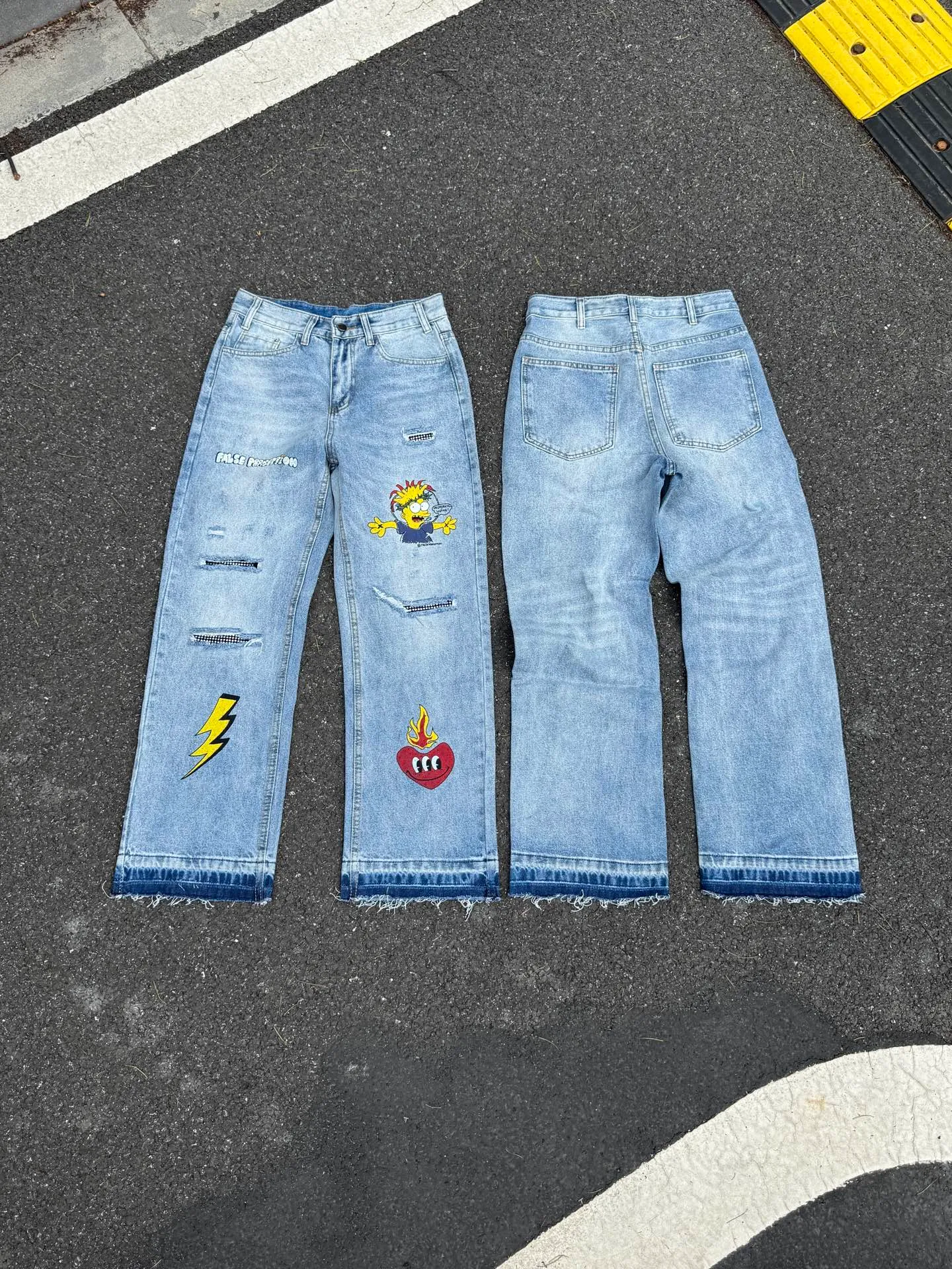 🅿️260 F124 False Perception Carhartt Cartoon Graffiti Worn and Destroyed Diamond Jeans Same Style for Men and Women Color: Blue Code Number: 28 30 32 34 36