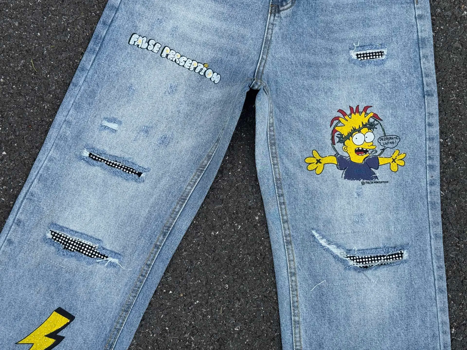 🅿️260 F124 False Perception Carhartt Cartoon Graffiti Worn and Destroyed Diamond Jeans Same Style for Men and Women Color: Blue Code Number: 28 30 32 34 36