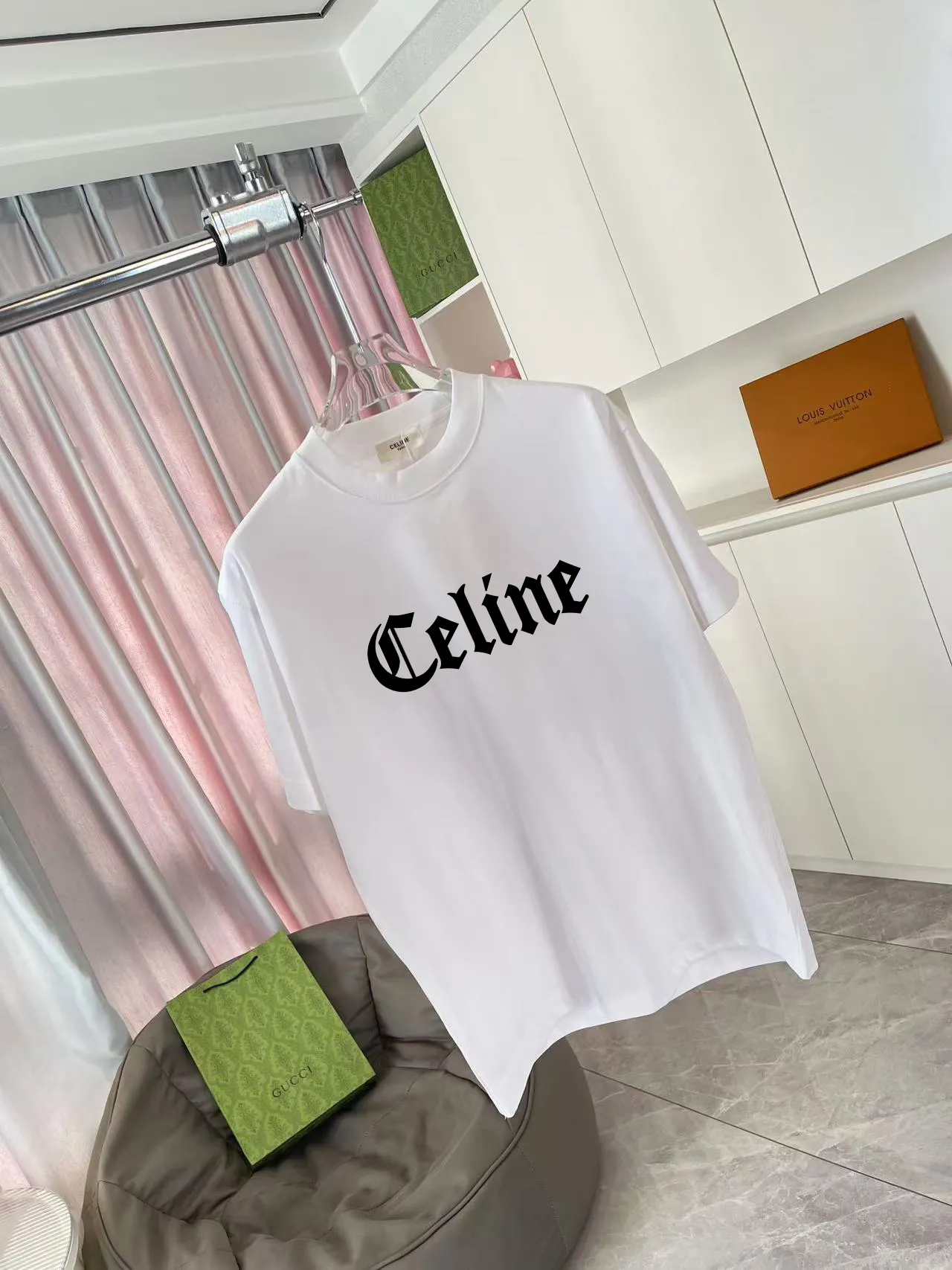 🅿️170 Celine 2025 summer new style personalized letter logo printing customized fabric 300g short-sleeved T-shirt same style for men and women Size: S M L XL XXL five sizes Color: black white lake green purple iron gray