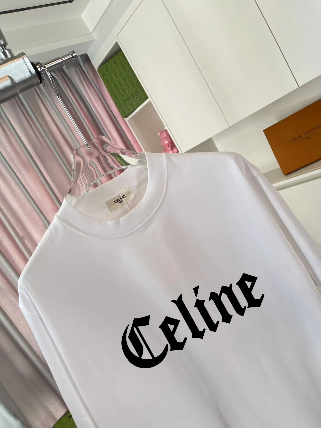 🅿️170 Celine 2025 summer new style personalized letter logo printing customized fabric 300g short-sleeved T-shirt same style for men and women Size: S M L XL XXL five sizes Color: black white lake green purple iron gray