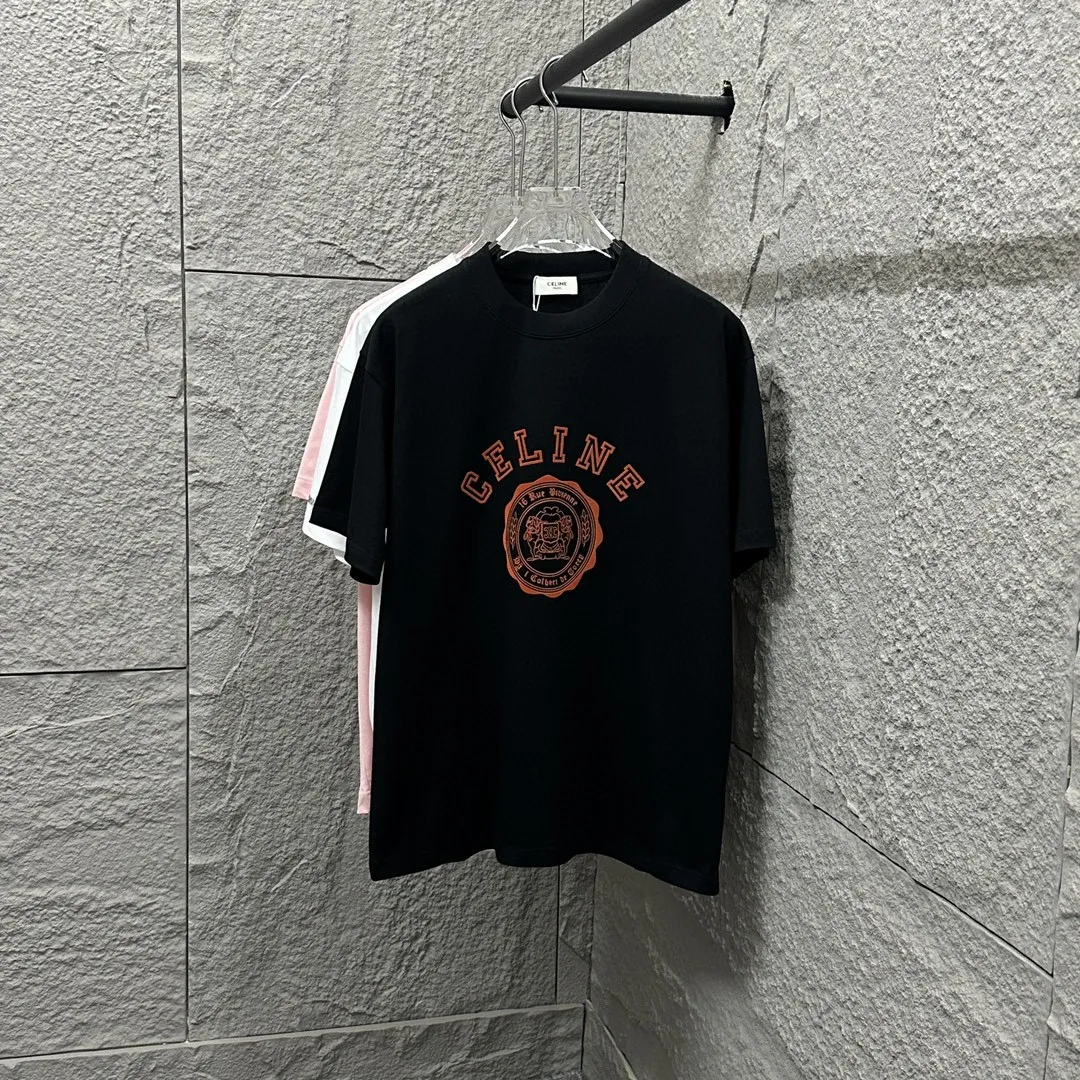 🅿️180 Celi* Celi Celin 2025 spring and summer style Simple letter flocking process personalized logo Customized double yarn plain cotton fabric Short-sleeved T-shirt Uniform for men and women Size: S (90-130 catties) M (120-150 catties) L (140-165 catties) XL (160-180 catties) XXL (180-210 pounds) Color: black white