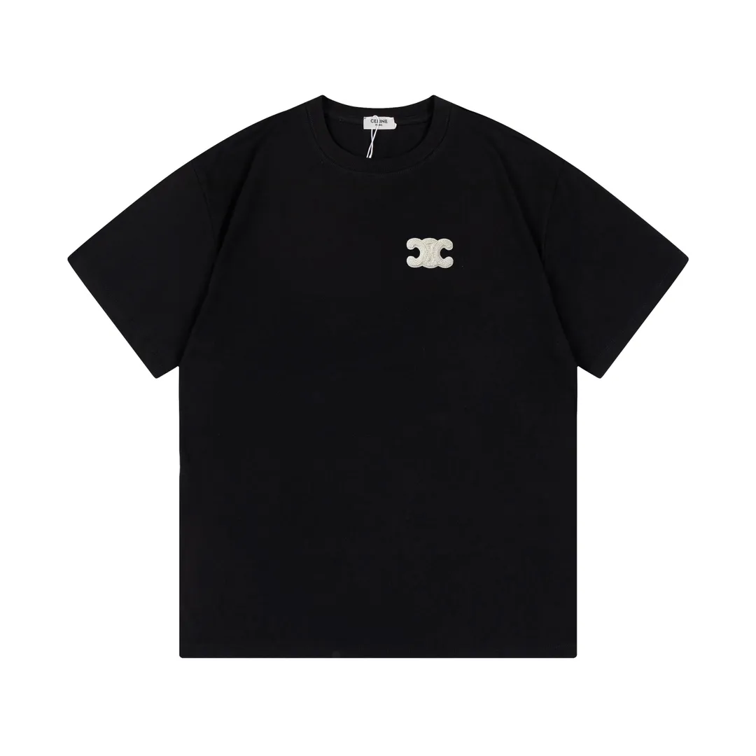 🅿️170 Celine 2025 new style customized woolen Arc de Triomphe letter logo, same style for men and women, short-sleeved T-shirt ·Customized 280g 100% double yarn pure cotton fabric ·Dyeing 32 counts double-strand thread ·Collar label, hangtag, main mark and three labels complete Color: black Size: XS S M L