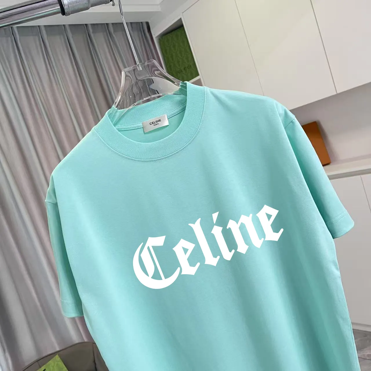 🅿️170 Celine 2025 summer new style personalized letter logo printing customized fabric 300g short-sleeved T-shirt same style for men and women Size: S M L XL XXL five sizes Color: black white lake green purple iron gray