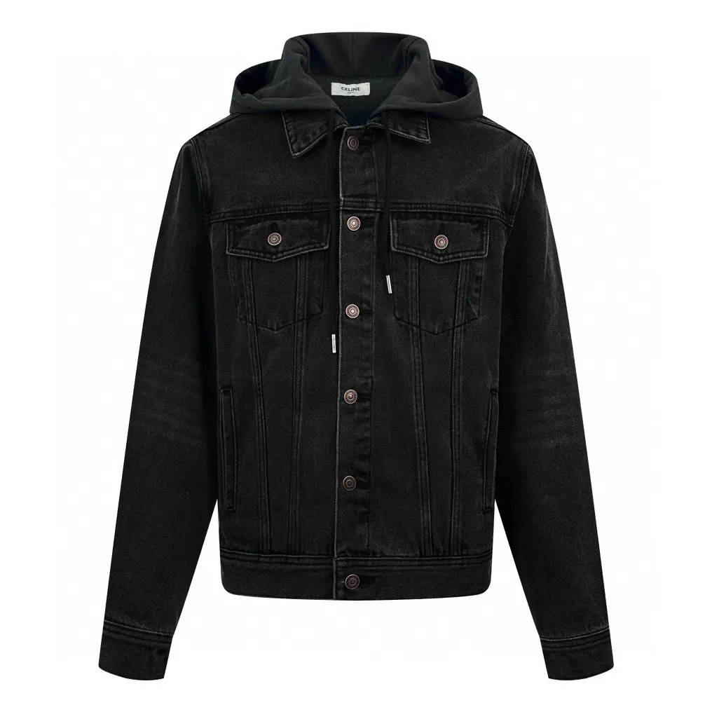 🅿️560 [Exclusive supply] Celine 24FW hooded denim jacket (black). The original purchase is 14,500 and developed. The fabric is made of customized high-density cotton twill denim. It is full of texture and comfortable to the skin. It is painted in classic retro black and is full of natural purity and simplicity. The front panel is simple and neat in clean fit style. The Celine mark is on the hood. It is not noisy but has its own sound. The original charm of the denim jacket is outlined with clean and neat lines. The charm of simplicity and the charm of versatility. The whole garment is washed with medium filtration. A special solution is used to remove stains and slight fading. Then it is washed with snowflakes. It is faded by strong washing methods to make the color more uniform. Complex workmanship and high loss; pure manual high-elastic offset printing technology. Every coloring. Every press. After repeated pulling, the original shape and color are still maintained during washing and other processes. It can better reflect the craftsman's exquisite skills and control of details. The entire garment is sewn using an embedded clamping machine. The embedded clamping machine can control the distance between the double needles by changing the needle position to achieve seamless, smooth and tidy splicing. Size:S-M-L-XL