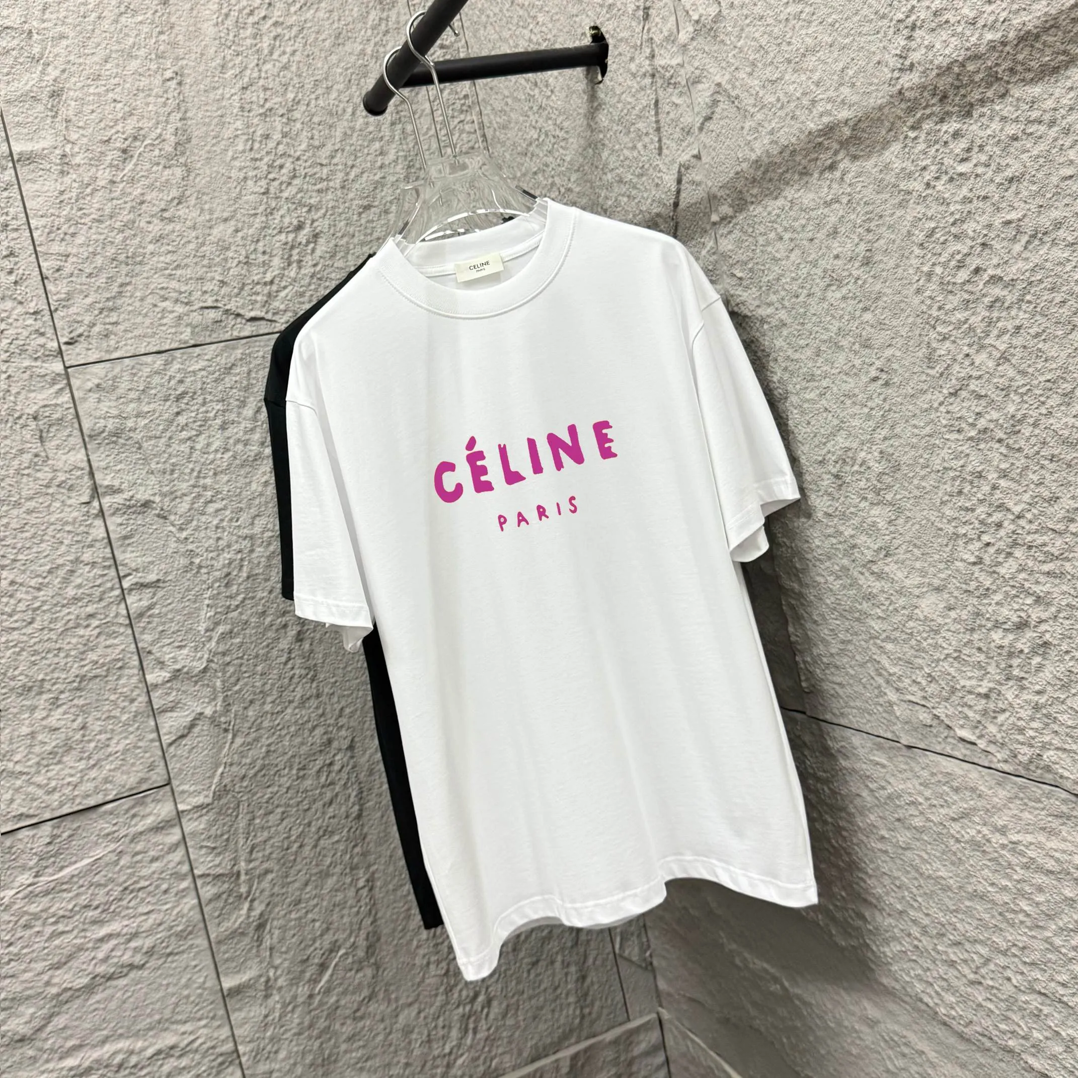 🅿️180 Celi*ne 2025 spring and summer style, simple colorful letters, flocking process, personalized logo, customized double yarn plain cotton fabric, short-sleeved T-shirt, same style for men and women. Size: S (90-130 catties) M (120-150 catties) L (140-165 catties) XL (160-180 catties) XXL (180-210 pounds) Color: black white