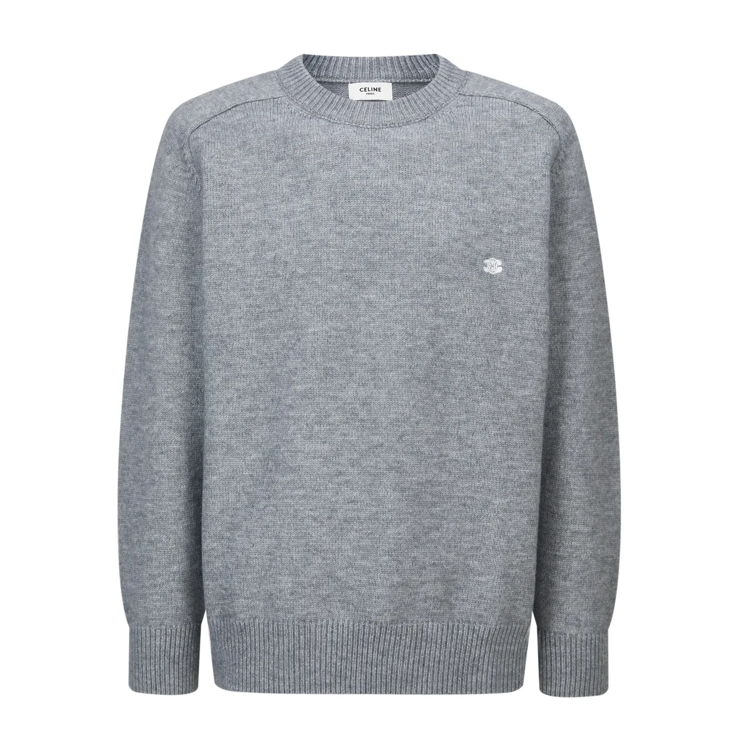 🅿️370 [Exclusive supply] Celine Arc de Triomphe embroidered logo sweater (grey). The original version was purchased and developed for 9,900. The fabric is made of 35% wool, 15% cashmere, and 50% cotton yarn. This fabric is soft and has a three-dimensional shape that won't change shape after being worn for a long time. The embroidery uses 3D three-dimensional embroidery, and the chest is embellished with the Arc de Triomphe embroidered logo. This style is machine-knitted with 7 needles, and the high-density thick stitching ensures warmth. Later process: washing and color fixation - fixed version - wool impurities. Size:S-M-L-XL