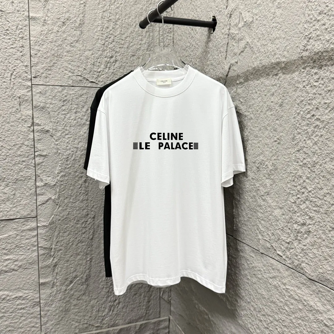 🅿️180 Celi*ne Celin Celin 2025 spring and summer style simple letters three-dimensional silicone technology personalized logo customized double yarn plain cotton fabric short-sleeved T-shirt for men and women. Size: S (90-130 catties) M (120-150 catties) L (140-165 catties) XL (160-180 catties) XXL (180-210 pounds) Color: black white