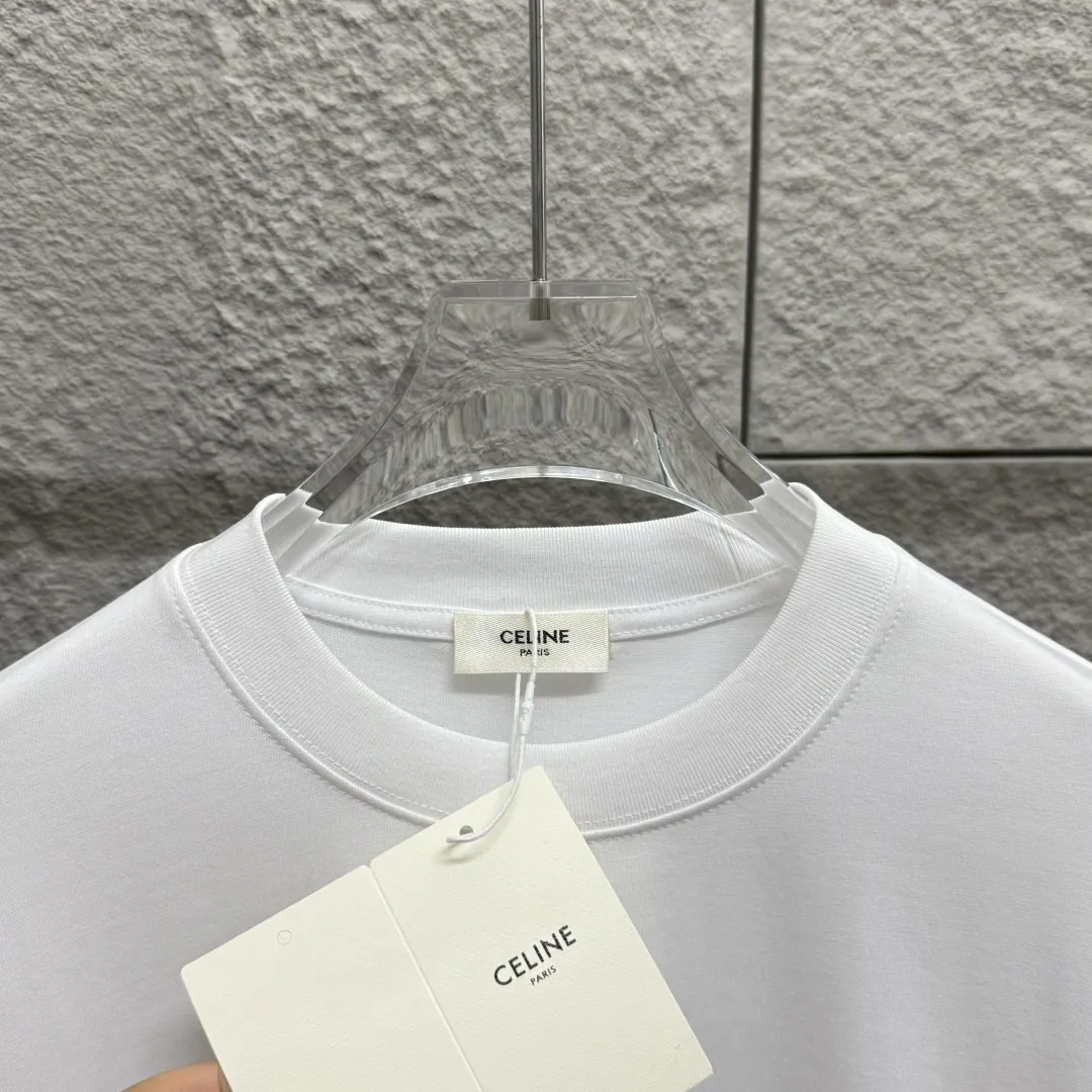🅿️180 Celi*ne Celin Celin 2025 spring and summer style simple letters three-dimensional silicone technology personalized logo customized double yarn plain cotton fabric short-sleeved T-shirt for men and women. Size: S (90-130 catties) M (120-150 catties) L (140-165 catties) XL (160-180 catties) XXL (180-210 pounds) Color: black white