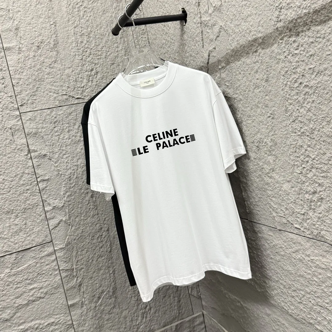 🅿️180 Celi*ne Celin Celin 2025 spring and summer style simple letters three-dimensional silicone technology personalized logo customized double yarn plain cotton fabric short-sleeved T-shirt for men and women. Size: S (90-130 catties) M (120-150 catties) L (140-165 catties) XL (160-180 catties) XXL (180-210 pounds) Color: black white