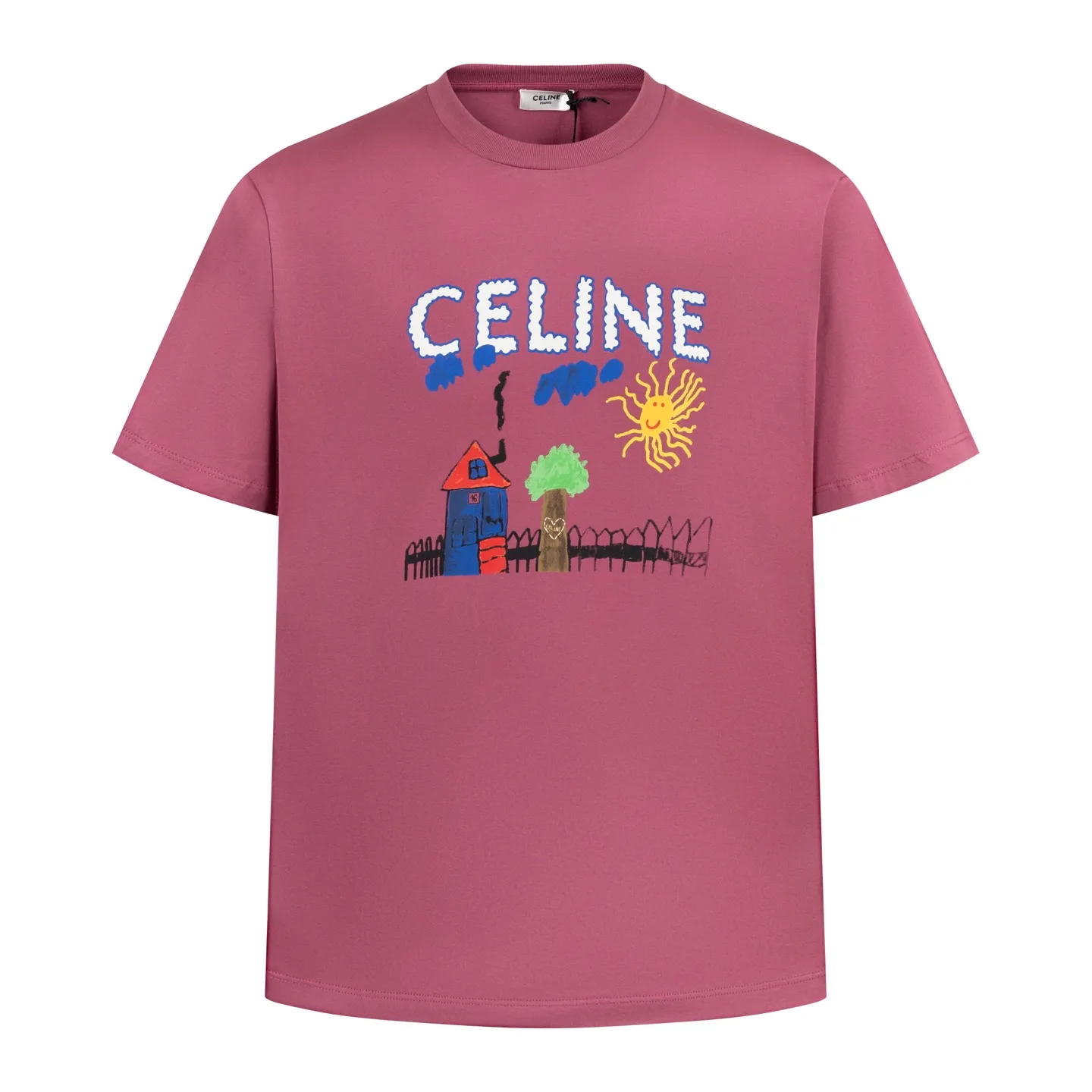 🅿️260 [Exclusive supply] Celine childlike graffiti printed short-sleeves (pink). The fabric is made of 50S 165g double-ply plain fabric, and the rib is made of 32S 300g 2×2 stretch rib. 50S double-strand mercerized cotton fabric adopts fine yarn selection, unique mercerization treatment, advanced weaving technology, and environmentally friendly dyeing and finishing processes. Double-strand mercerized cotton fabric has excellent moisture absorption and breathability. Its good elasticity and wrinkle resistance make the fabric less likely to deform during wearing and washing, and is easy to care for. The high-elastic glue has good stretchability and resilience to ensure that the printed pattern can still return to its original shape after stretching; at the same time, the glue has strong adhesion and can be firmly attached to the fabric and not easy to fall off. It also needs to have excellent washability and lightfastness to ensure that the printed pattern can maintain bright colors after long-term use and exposure to light. Dot penetration printing uses a specific printing process to achieve precise positioning and penetration of multiple colors on the fabric, while paying attention to the use of environmentally friendly materials. The color paste is evenly printed on the fabric, and the precise arrangement of dots and accurate color restoration are achieved by controlling the process conditions. Size:XS-S-M-L