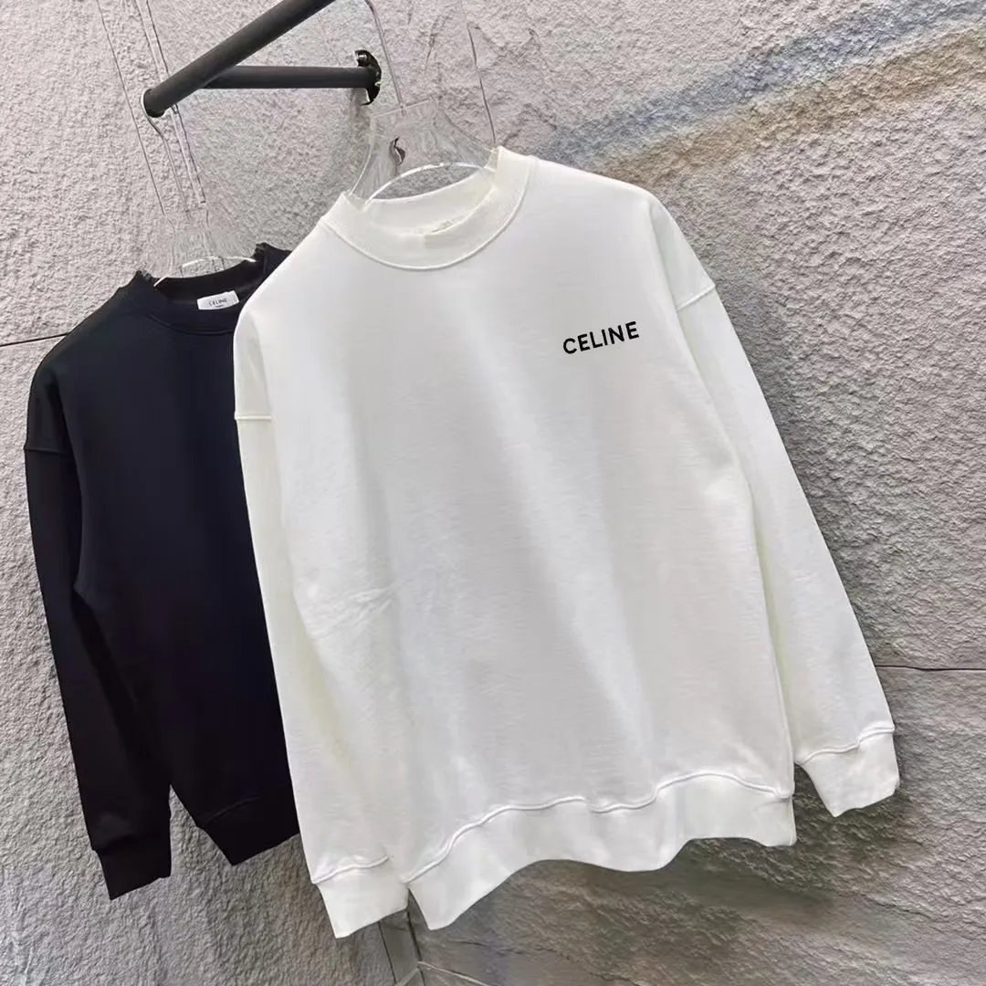 🅿️250 Celin* Celin 2025 early autumn and winter new style, simple personalized letter embroidery on the chest, long-sleeved sweatshirt, customized terry fabric, same style for men and women. Size: S M L XL XXL five codes. Color: black white