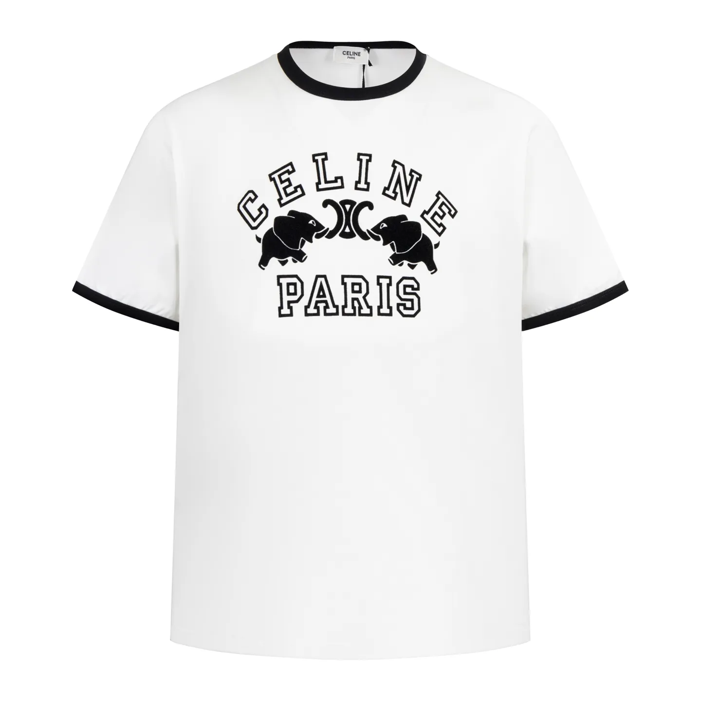 🅿️260 [Exclusive supply] Celine elephant flocked printed short-sleeved fabric is made of 50S 165g double-ply plain fabric, and the rib is made of 32S 2×2 300g stretch rib. 50S double-strand mercerized cotton fabric adopts fine yarn selection, unique mercerization treatment, advanced weaving technology, and environmentally friendly dyeing and finishing processes. Double-strand mercerized cotton fabric has excellent moisture absorption and breathability. Its good elasticity and wrinkle resistance make the fabric less likely to deform during wearing and washing, and is easy to care for. Flocking printing is a special printing process. Its principle is to adhere short fibers to the surface of the fabric according to a specific pattern. The process is a two-stage process, first the fiber linters are adhered to the fabric with an adhesive, and then the fiber linters are bonded to the fabric. Size:XS-S-M-L