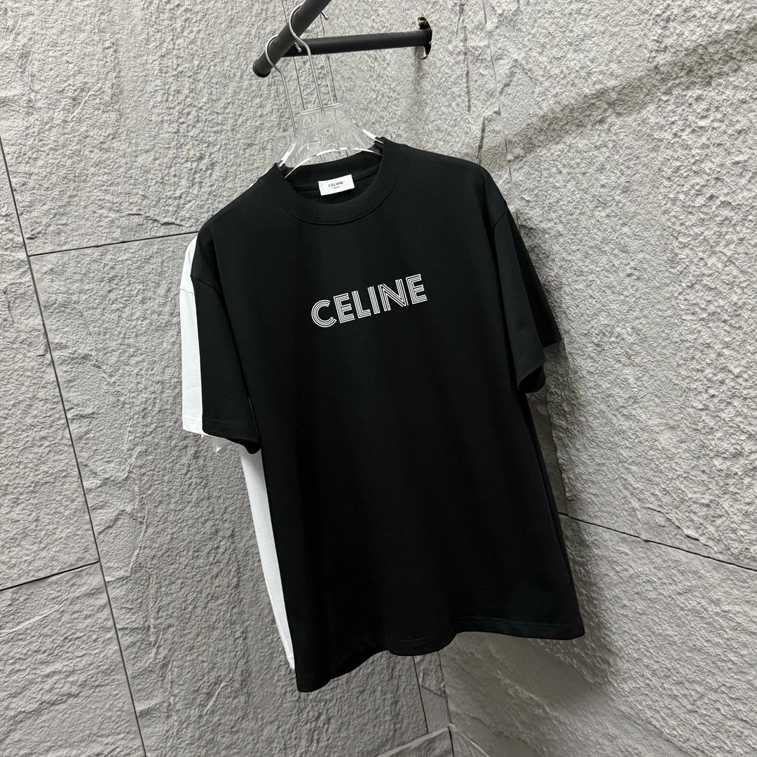 🅿️180 Celi*ne Celin Celin 2025 spring and summer style simple letters flocking technology personalized logo customized double yarn plain cotton fabric short-sleeved T-shirt for men and women size: S (90-130 catties) M (120-150 catties) L (140-165 catties) XL (160-180 catties) XXL (180-210 pounds) Color: black white