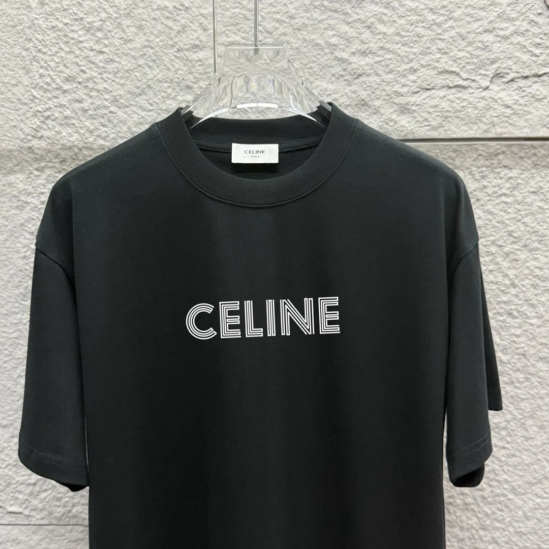 🅿️180 Celi*ne Celin Celin 2025 spring and summer style simple letters flocking technology personalized logo customized double yarn plain cotton fabric short-sleeved T-shirt for men and women size: S (90-130 catties) M (120-150 catties) L (140-165 catties) XL (160-180 catties) XXL (180-210 pounds) Color: black white