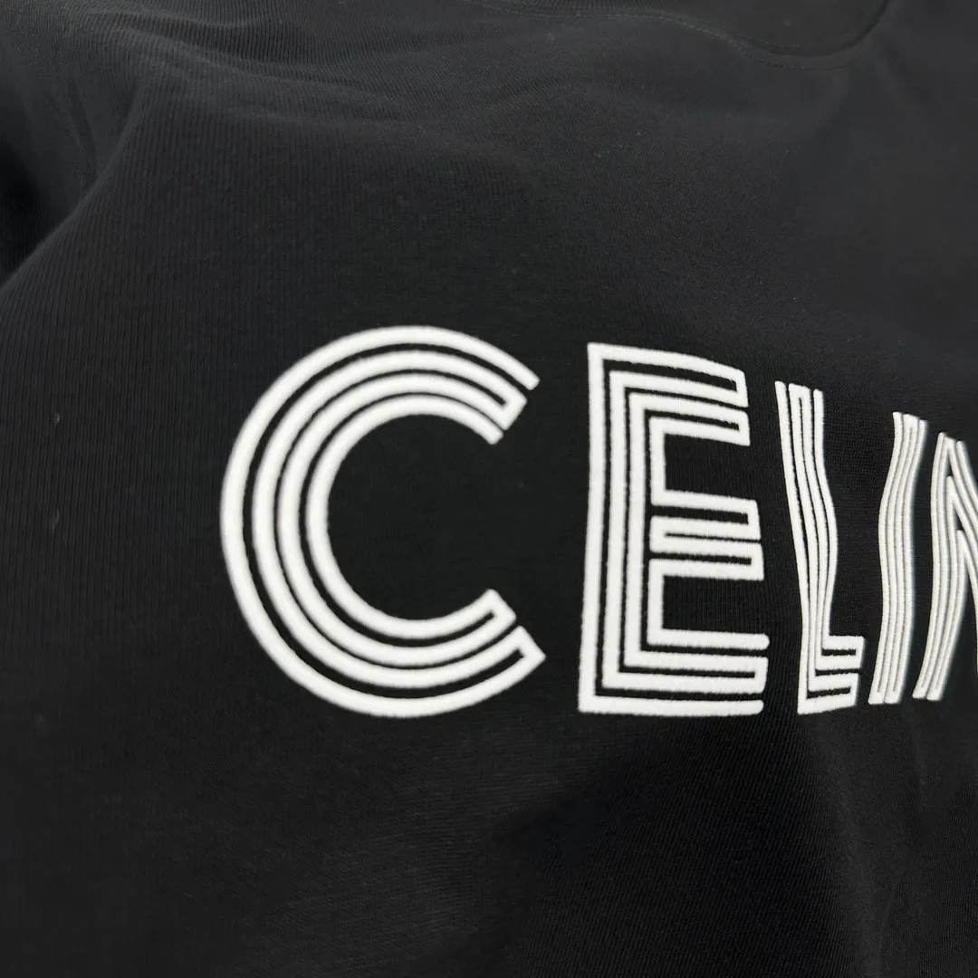 🅿️180 Celi*ne Celin Celin 2025 spring and summer style simple letters flocking technology personalized logo customized double yarn plain cotton fabric short-sleeved T-shirt for men and women size: S (90-130 catties) M (120-150 catties) L (140-165 catties) XL (160-180 catties) XXL (180-210 pounds) Color: black white