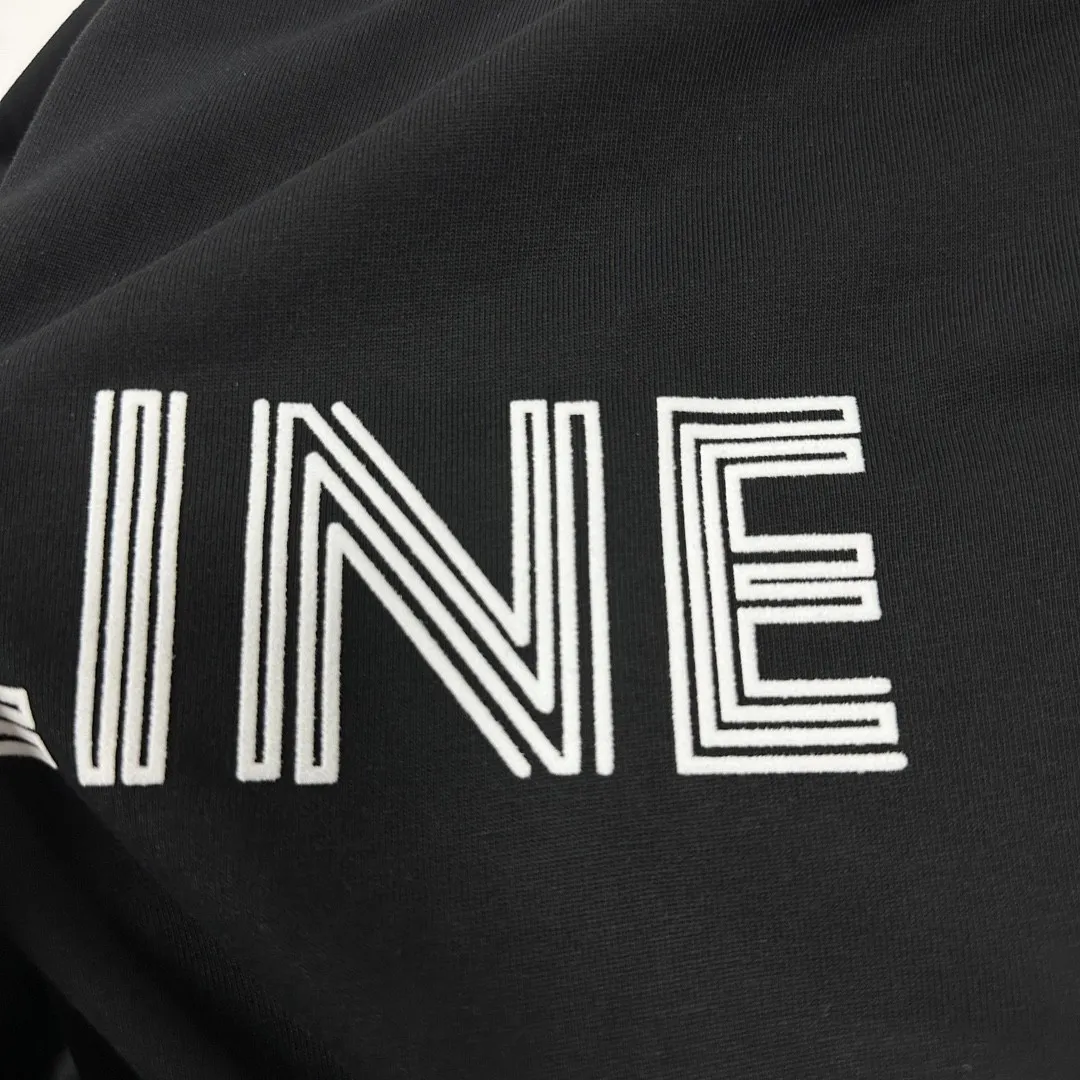 🅿️180 Celi*ne Celin Celin 2025 spring and summer style simple letters flocking technology personalized logo customized double yarn plain cotton fabric short-sleeved T-shirt for men and women size: S (90-130 catties) M (120-150 catties) L (140-165 catties) XL (160-180 catties) XXL (180-210 pounds) Color: black white