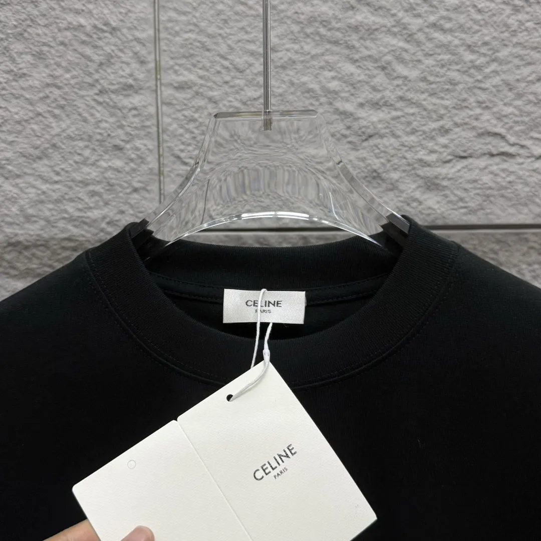 🅿️180 Celi*ne Celin Celin 2025 spring and summer style simple letters flocking technology personalized logo customized double yarn plain cotton fabric short-sleeved T-shirt for men and women size: S (90-130 catties) M (120-150 catties) L (140-165 catties) XL (160-180 catties) XXL (180-210 pounds) Color: black white