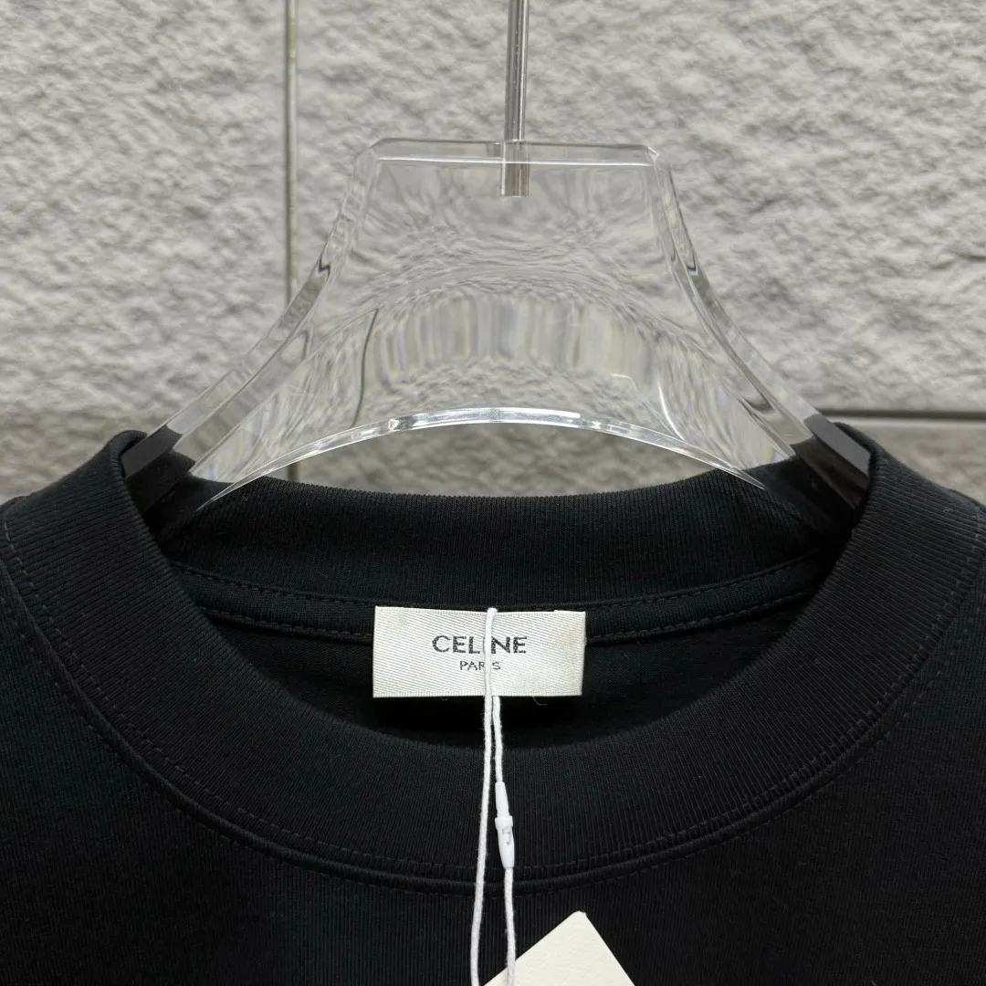 🅿️180 Celi*ne Celin Celin 2025 spring and summer style simple letters flocking technology personalized logo customized double yarn plain cotton fabric short-sleeved T-shirt for men and women size: S (90-130 catties) M (120-150 catties) L (140-165 catties) XL (160-180 catties) XXL (180-210 pounds) Color: black white