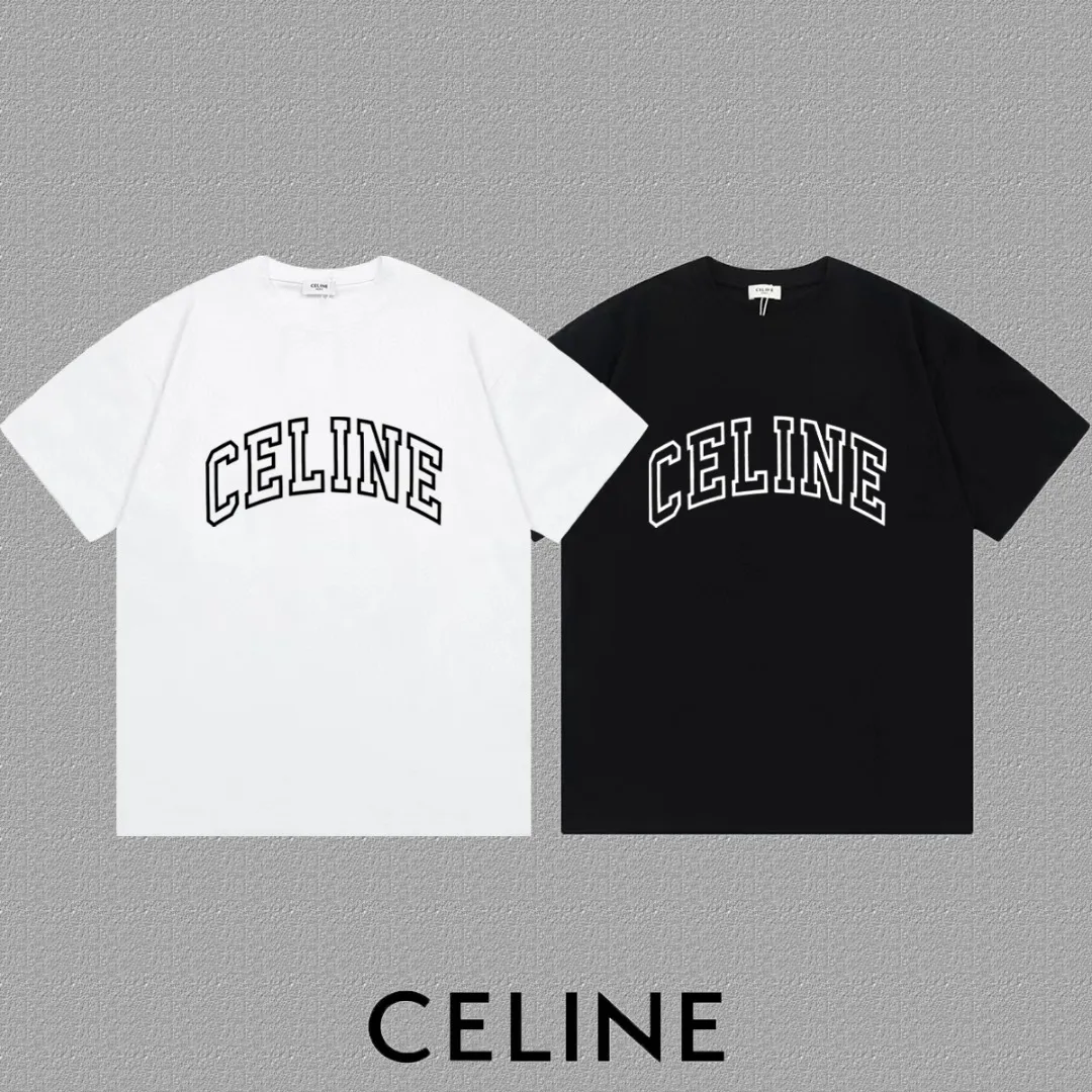🅿️170 ✨🔥 [CELINE] 2025FW short-sleeved T-shirt, silicone thick plate letter LOGO, high-end 26s double yarn 300g fabric, heavy fabric, custom stretcher rib, same cylinder and dye, complete three standards, same style for men and women, color: black, white, size: S M L XL 2XL