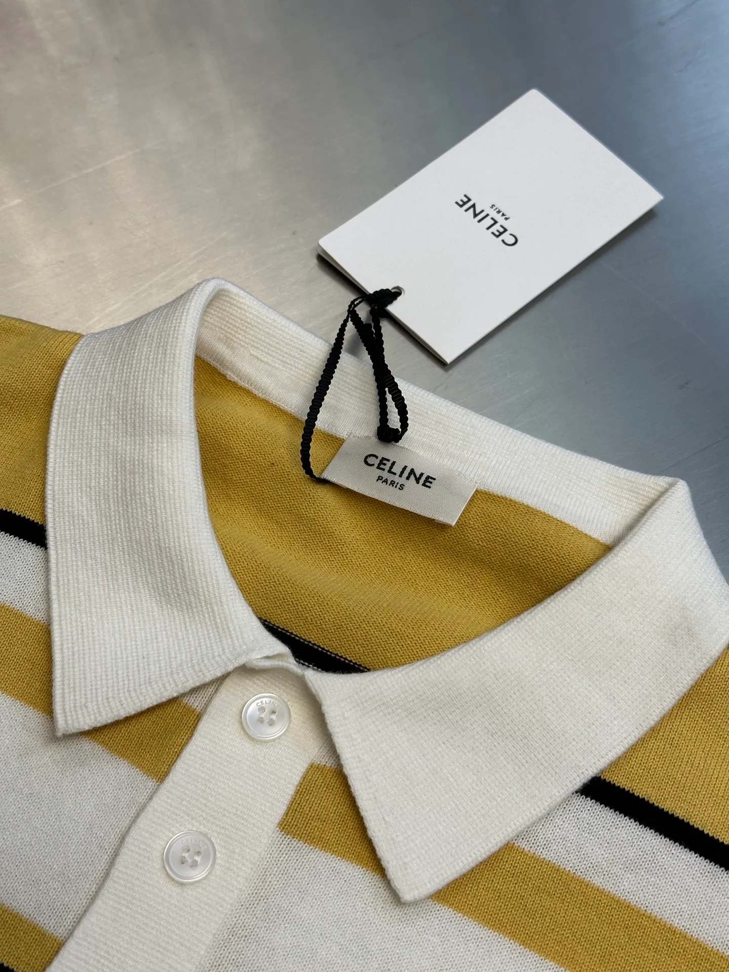 🅿️472 Celine loose fit contrast striped POLO shirt with TRIOMPHE embroidery, loose fit, dropped shoulder design, ribbed trim, 3 mother-of-pearl buttons engraved with CELINE size: s m l