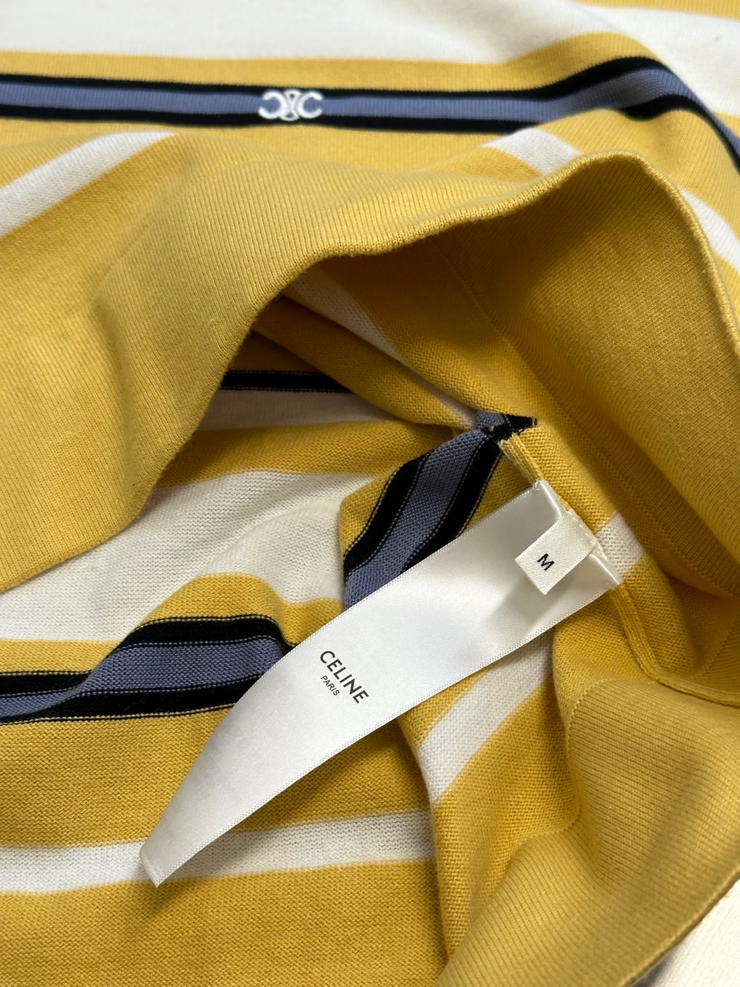 🅿️472 Celine loose fit contrast striped POLO shirt with TRIOMPHE embroidery, loose fit, dropped shoulder design, ribbed trim, 3 mother-of-pearl buttons engraved with CELINE size: s m l